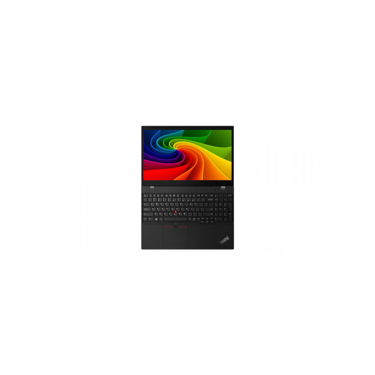 Ein schwarzer Laptop mit einem bunten Regenbogen-Hintergrundbild auf dem Bildschirm.
