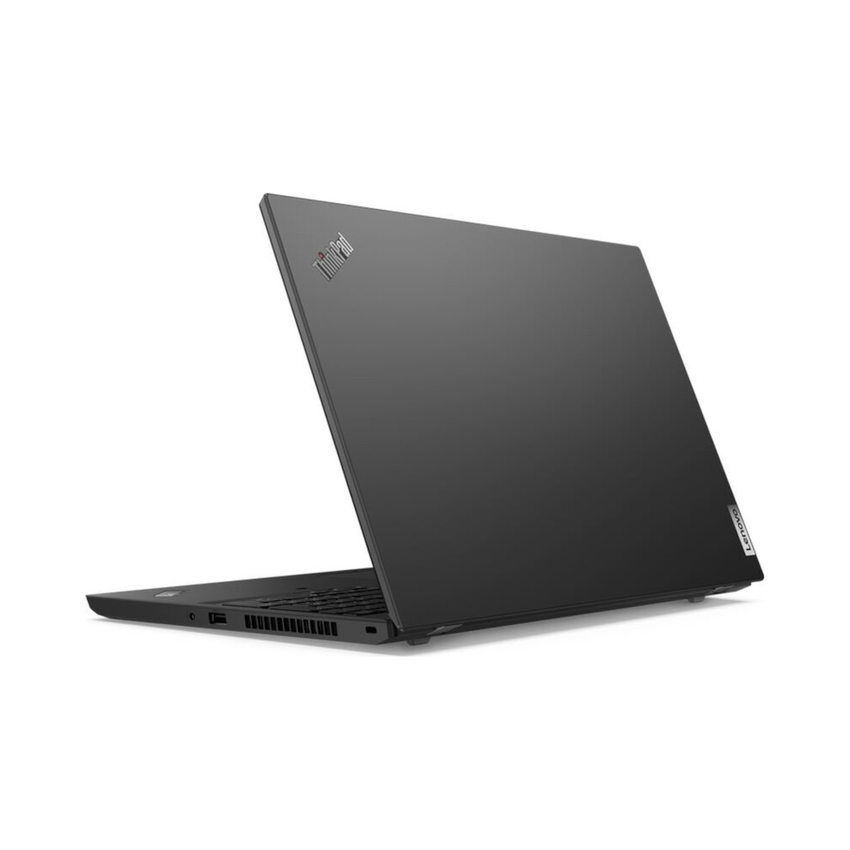 Schwarzer Lenovo ThinkPad Laptop mit geöffnetem Deckel, auf weißem Hintergrund.