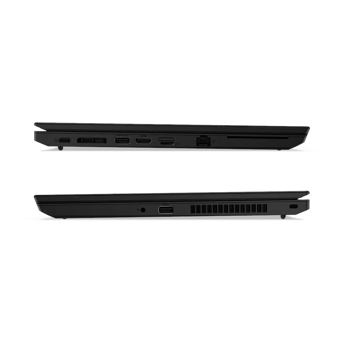 Seitenansicht von zwei schwarzen Laptops, die Anschlüsse zeigen.
