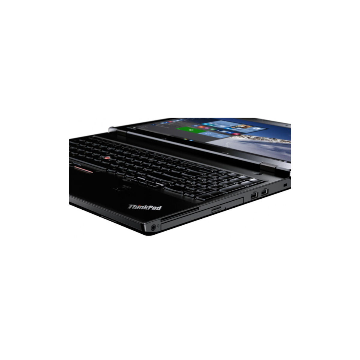 Ein offener schwarzer Lenovo ThinkPad Laptop mit beleuchtetem Bildschirm.