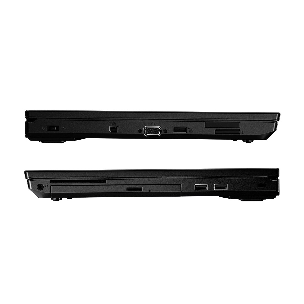 Zwei schwarze Laptops von der Seite gezeigt, mit Anschlüssen wie VGA und USB.