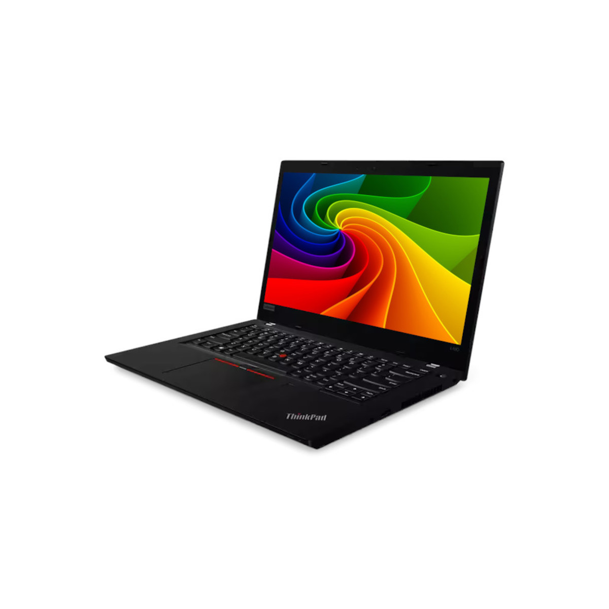 Schwarzer Laptop mit farbigem Hintergrundbild mit wirbelnden Regenbogenfarben.