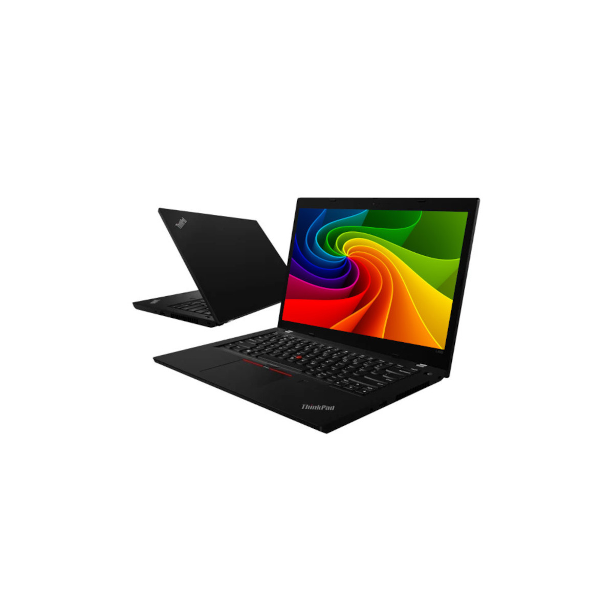 Zwei schwarze Lenovo ThinkPads auf weißem Hintergrund. Ein Laptop ist geöffnet und zeigt einen bunten Bildschirm.