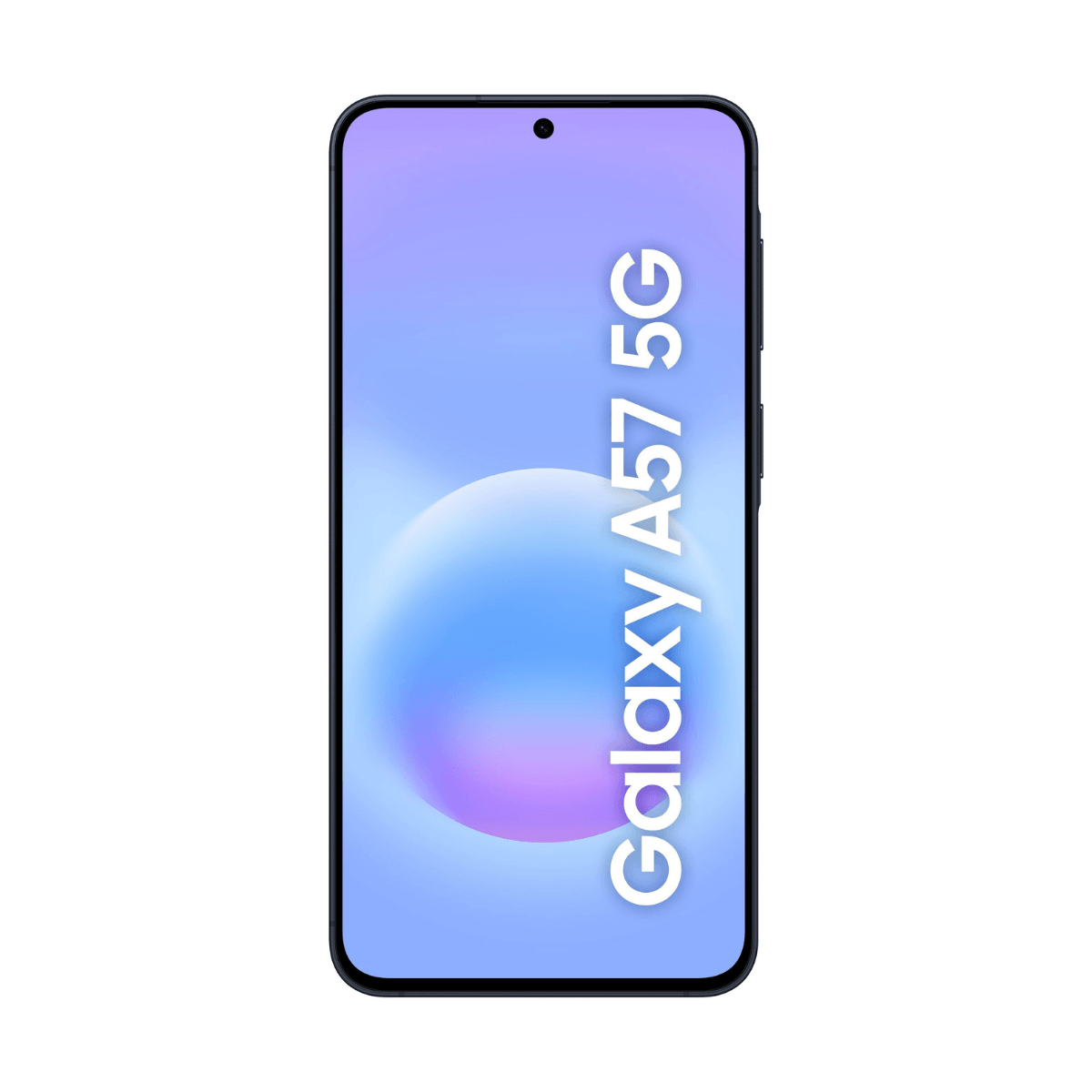 Czarny smartfon Samsung Galaxy A57 5G z niebieskim tłem.