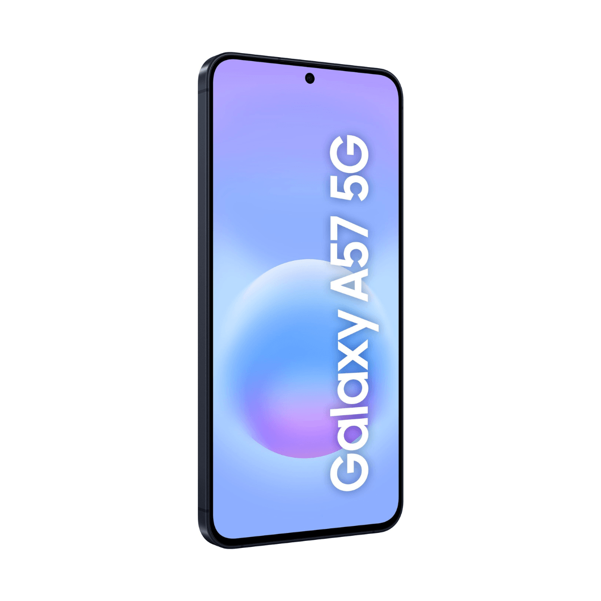 Ciemny smartfon z napisem "Galaxy A57 5G" na fioletowym tle.