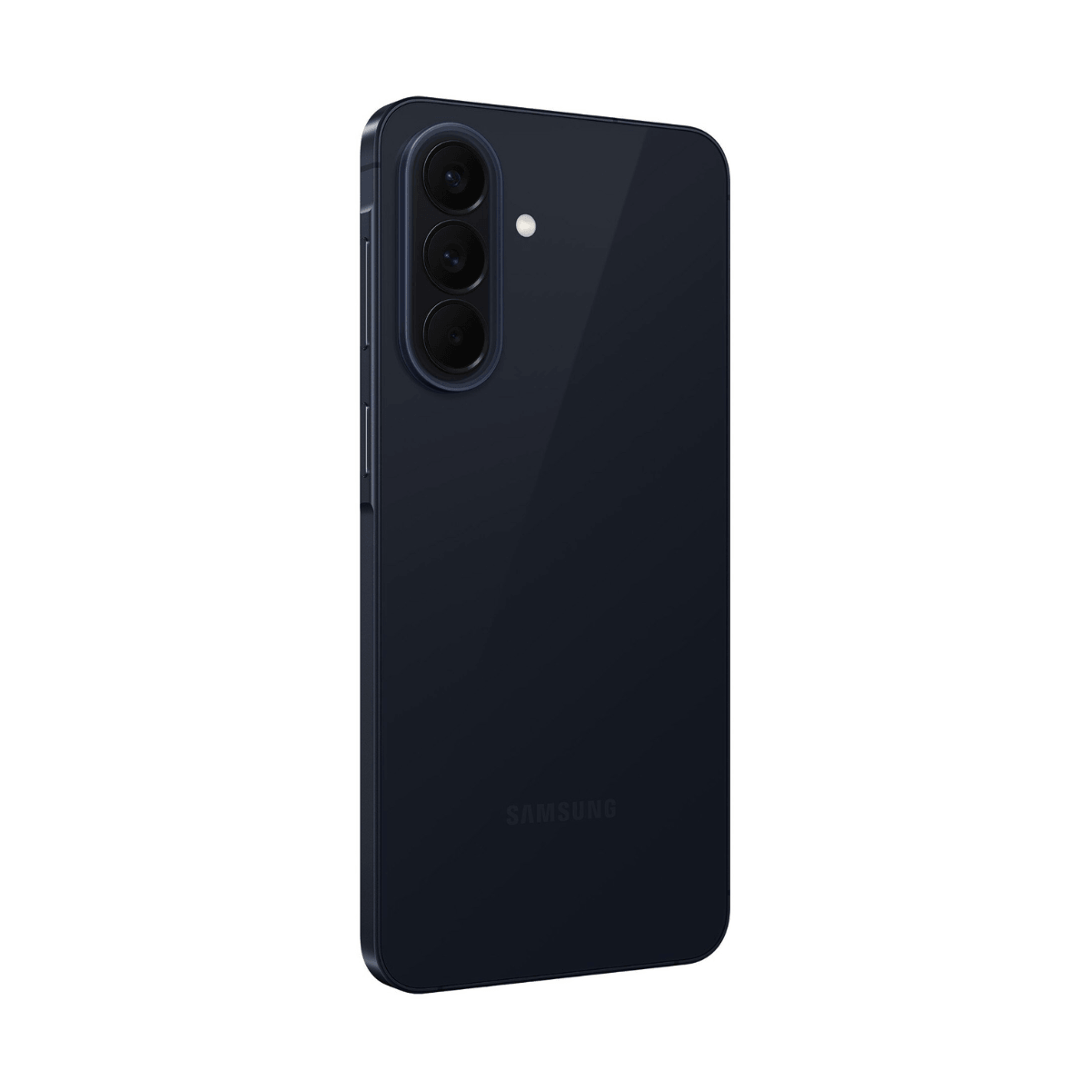 Ciemnoniebieski smartfon Samsung z trzema tylnymi aparatami i lampą błyskową.