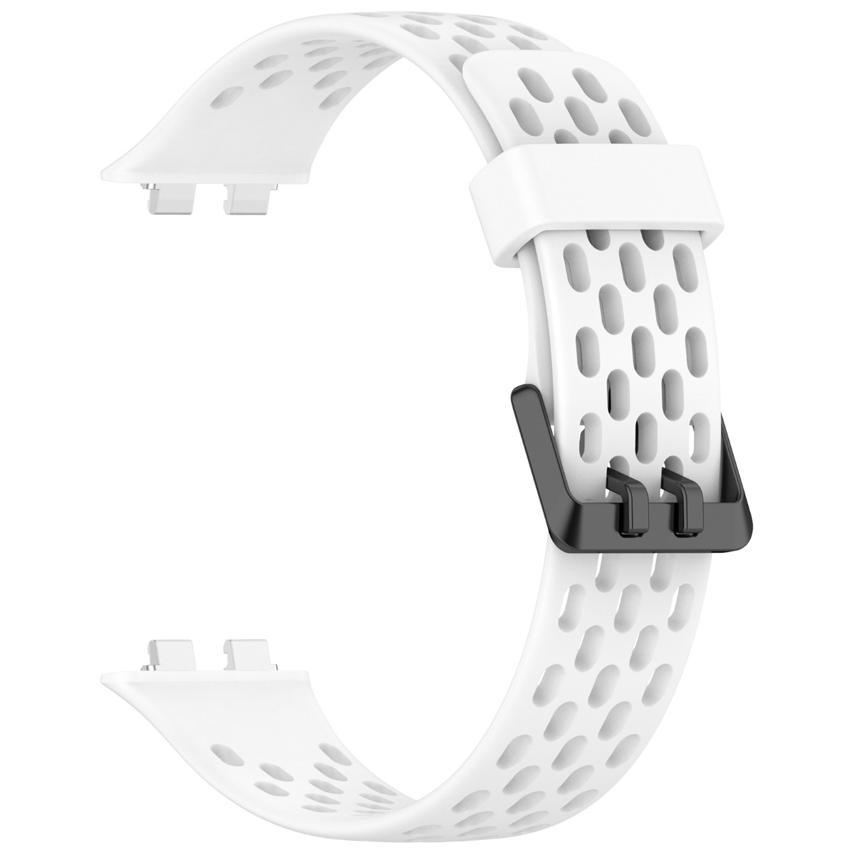Weißes Silikon-Uhrenarmband mit schwarzer Schnalle und ovalen Perforationen.