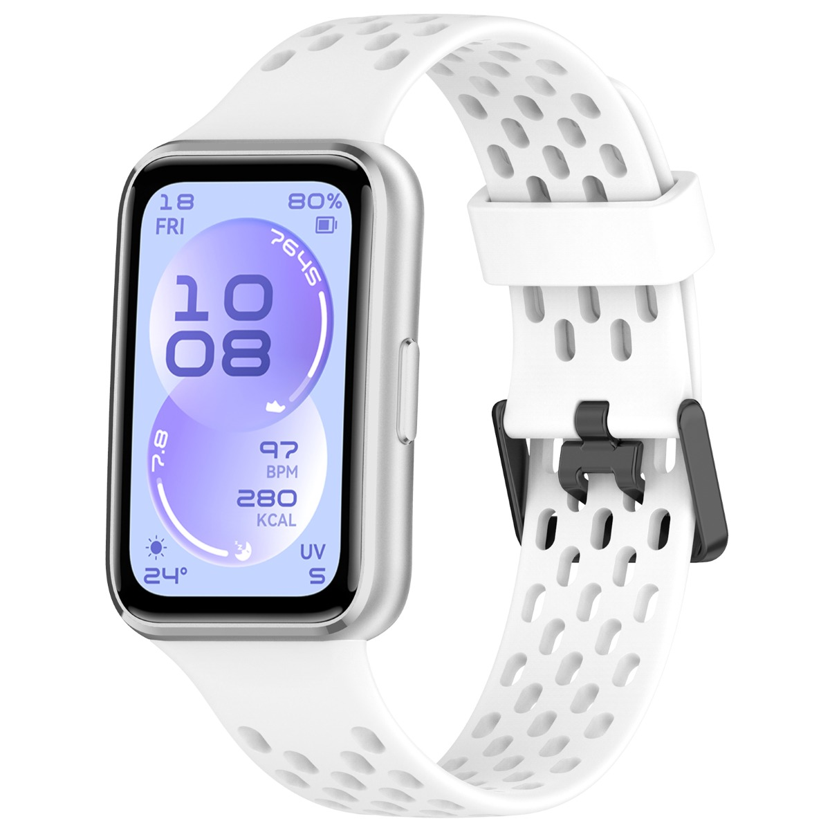 Weiße Smartwatch mit rechteckigem Display, das Zeit, Herzfrequenz und Kalorien anzeigt.