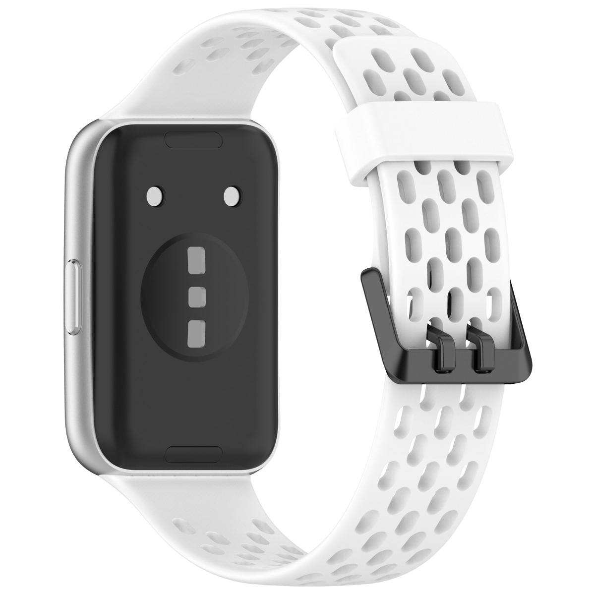 Eine weiße Smartwatch mit schwarzem Rücken und silbernem Gehäuse.