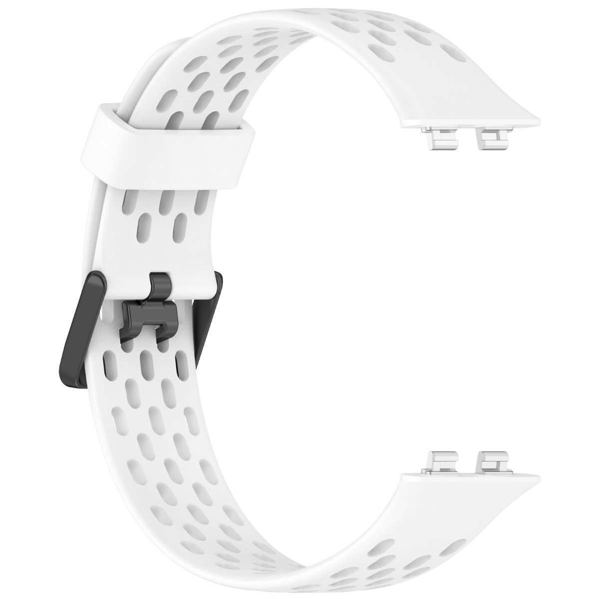 Ein weißes Armband mit Belüftungslöchern und schwarzem Verschluss.
