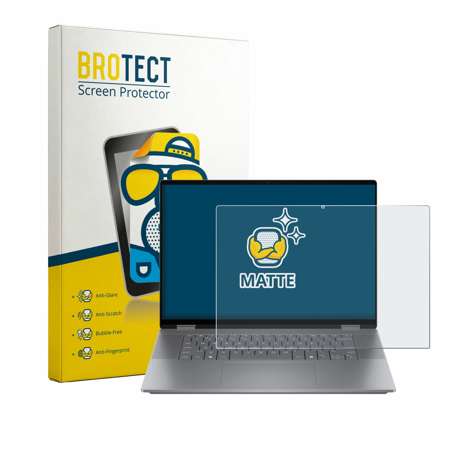 BROTECT Displayschutzfolie-Verpackung neben einem offenen Laptop mit angebrachter Schutzfolie.