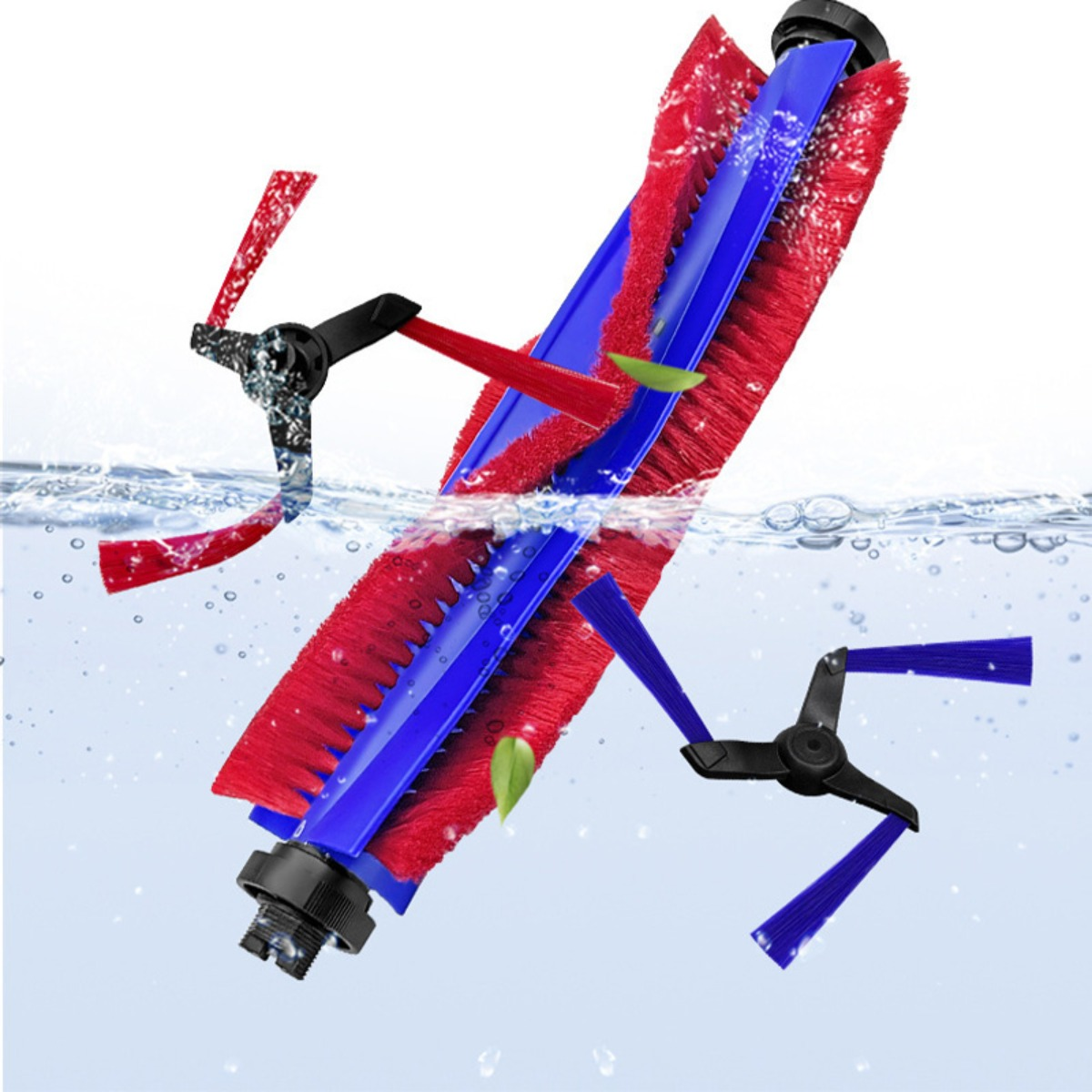 Rullo spazzola rosso e blu con spazzole laterali nere parzialmente immerse in acqua.