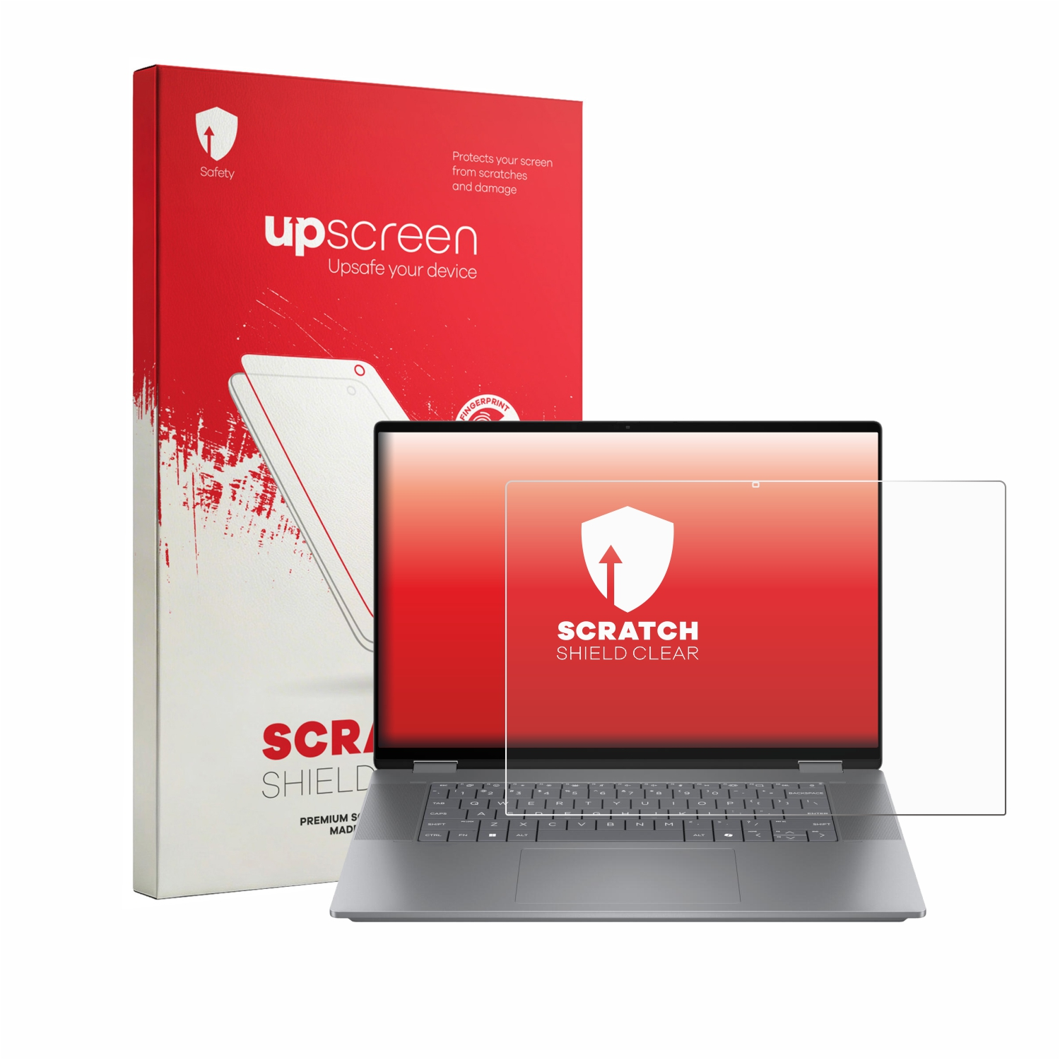 Ein Laptop mit einem Displayschutz und einer roten Verpackung.