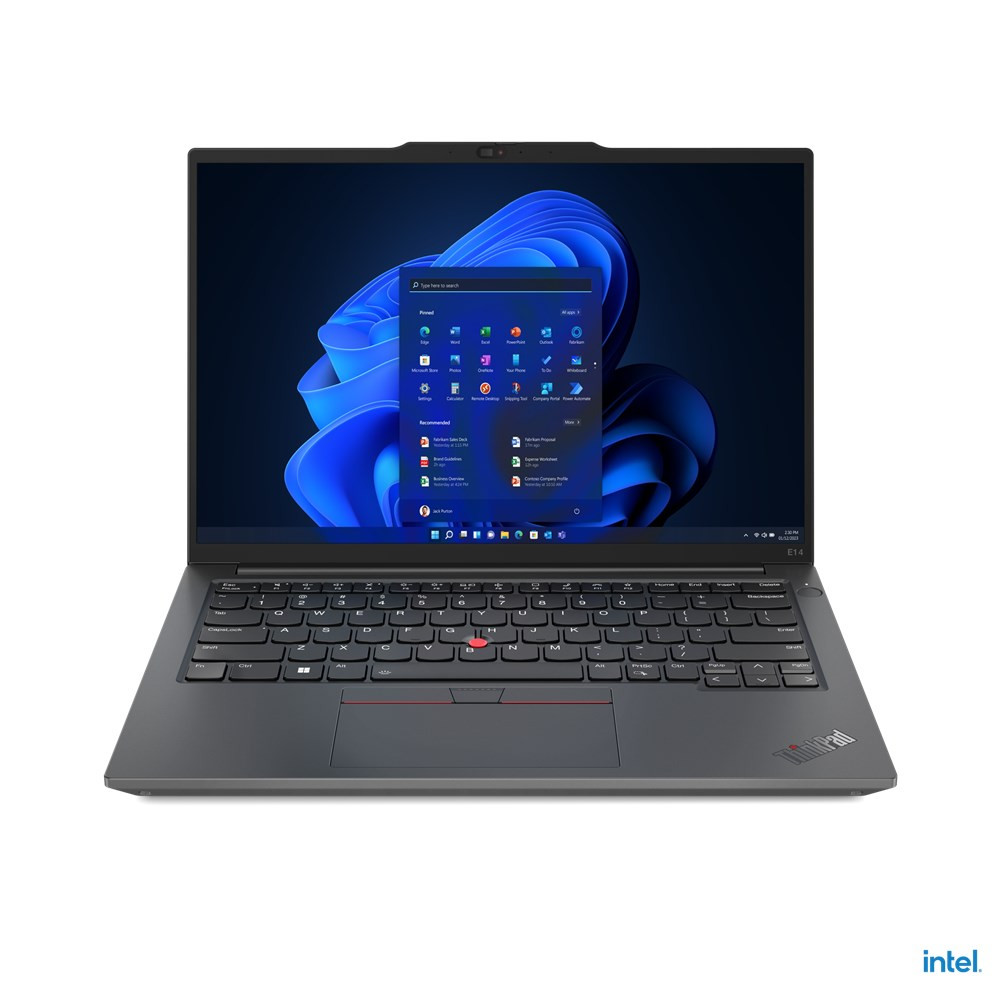 Szary laptop ThinkPad z podświetlaną klawiaturą i menu startowym Windows 11.