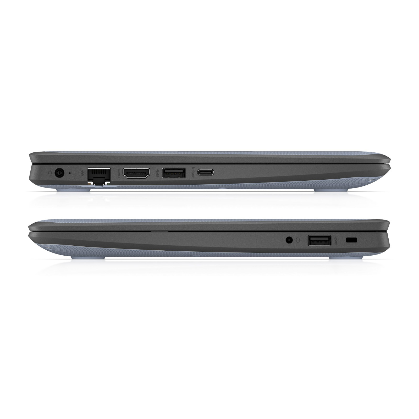 Zwei graue Laptops nebeneinander auf weißem Hintergrund. Anschlüsse sind sichtbar.