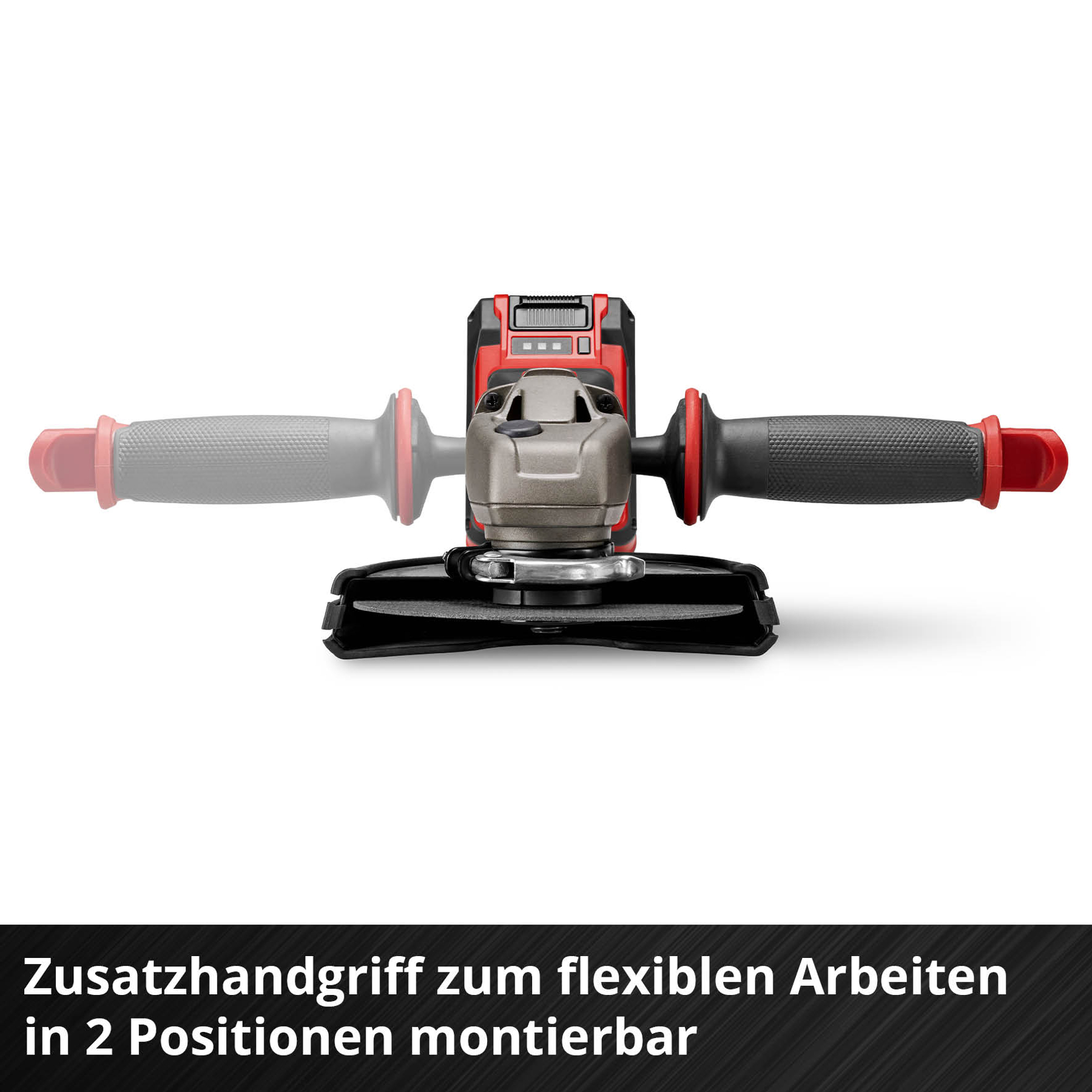 Ein Winkelschleifer mit zwei Griffen, die in zwei Positionen montiert werden können.