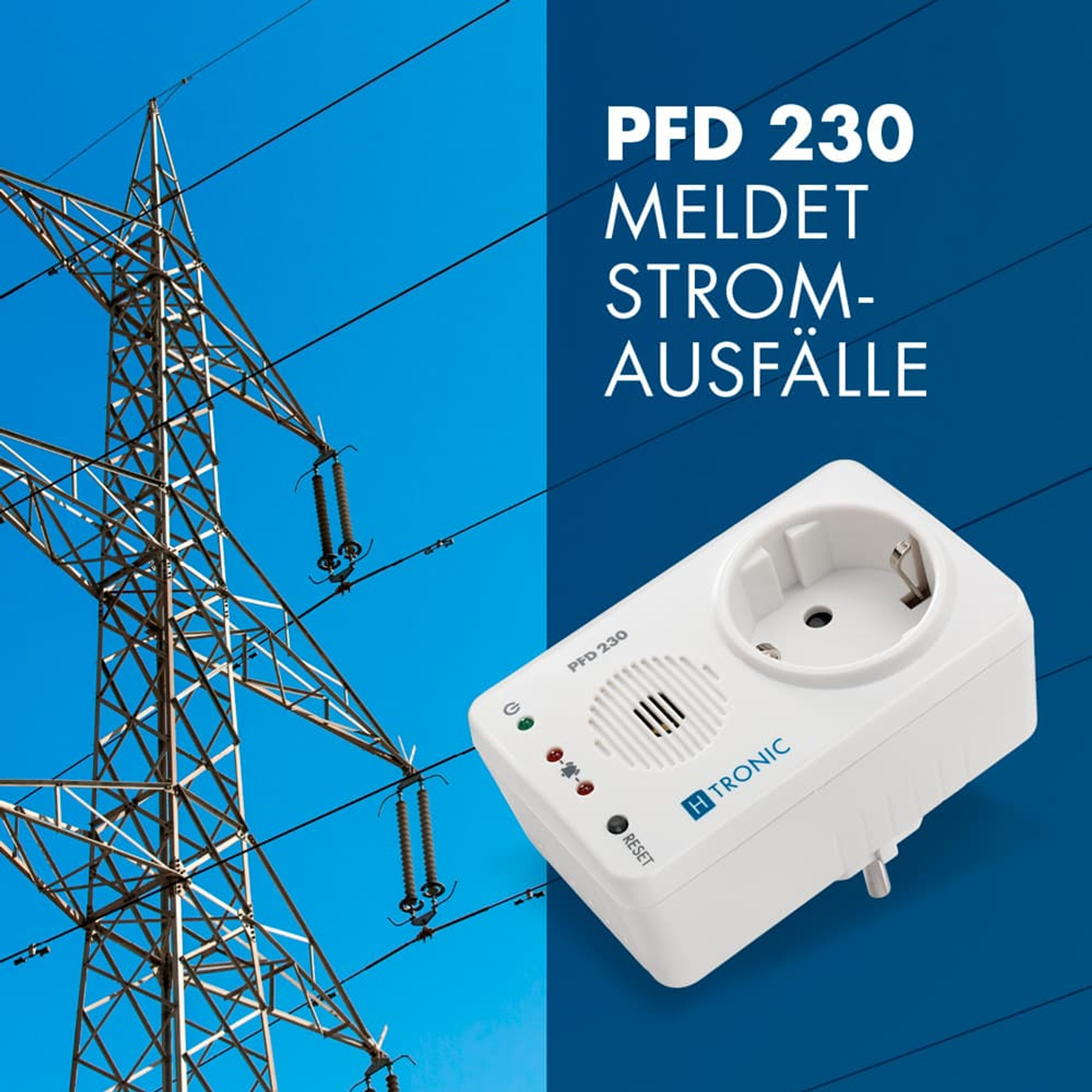 Strommast und Steckdose mit Text 'PFD 230 meldet Strom-Ausfälle'.