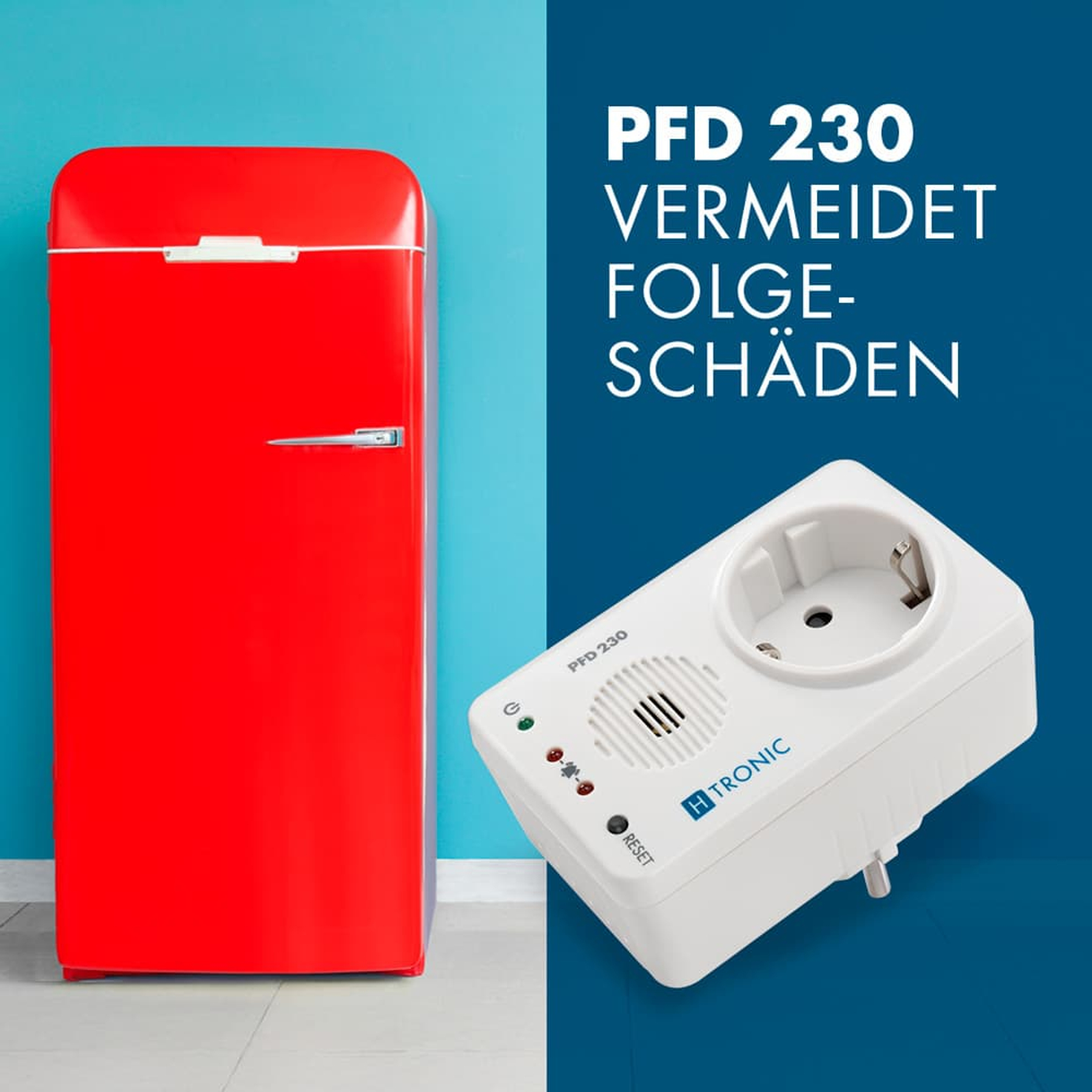 Ein roter Kühlschrank steht neben einem weißen Stromschutzstecker auf blauem Hintergrund.