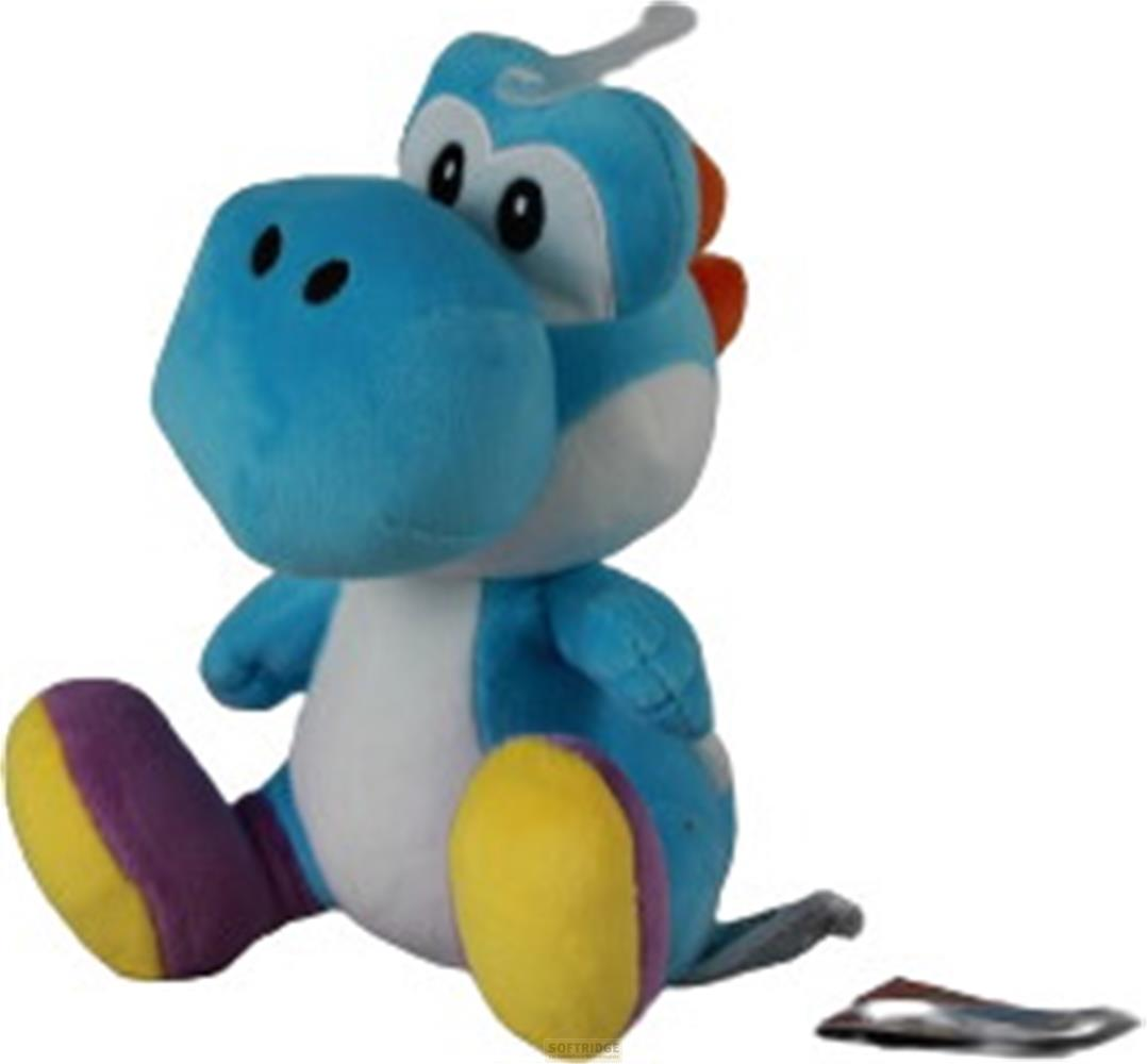 Ein blauer Yoshi-Plüsch mit weißen und orangen Akzenten sitzt auf dem Boden.