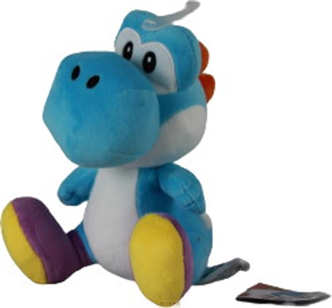 Ein blauer Yoshi-Plüsch mit weißen Akzenten, gelben und violetten Füßen, sitzt.