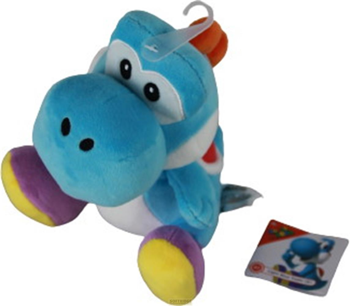 Blauer Yoshi Plüschtier mit gelben und violetten Füßen, neben einer Sammelkarte.