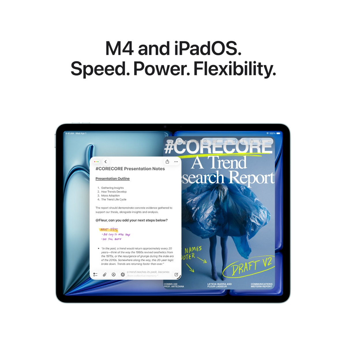 Ein iPad zeigt Notizen und einen Bericht. Text "M4 und iPadOS" oben.