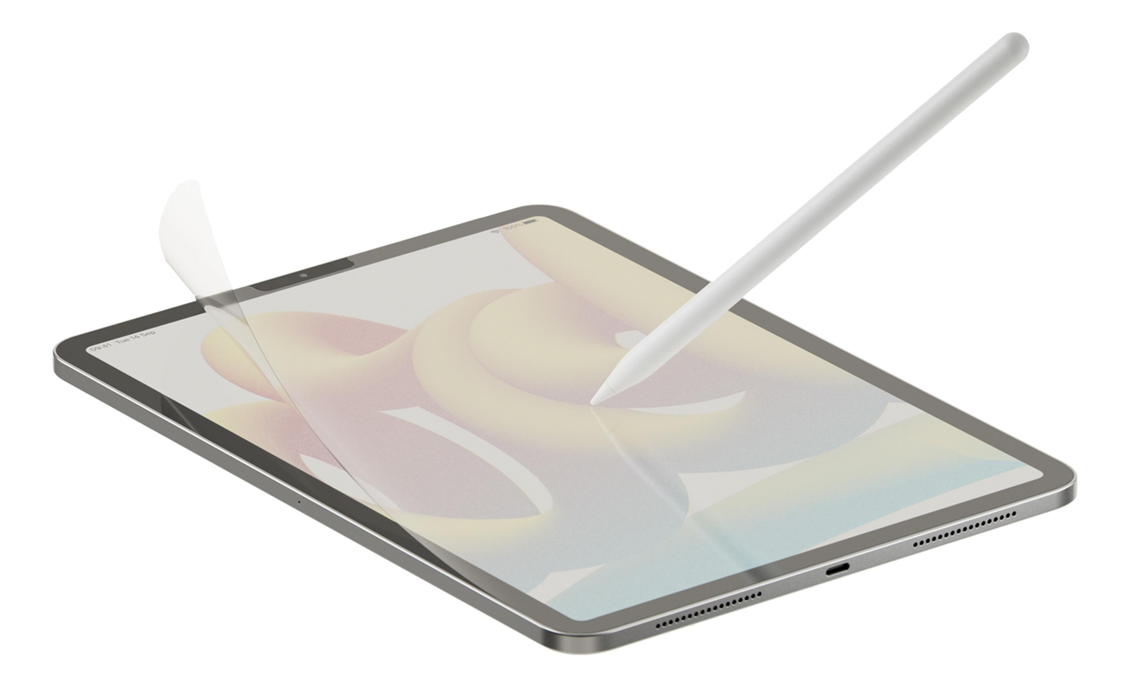 Ein weißer Stift berührt ein Tablet mit aufgedecktem Displayschutz.