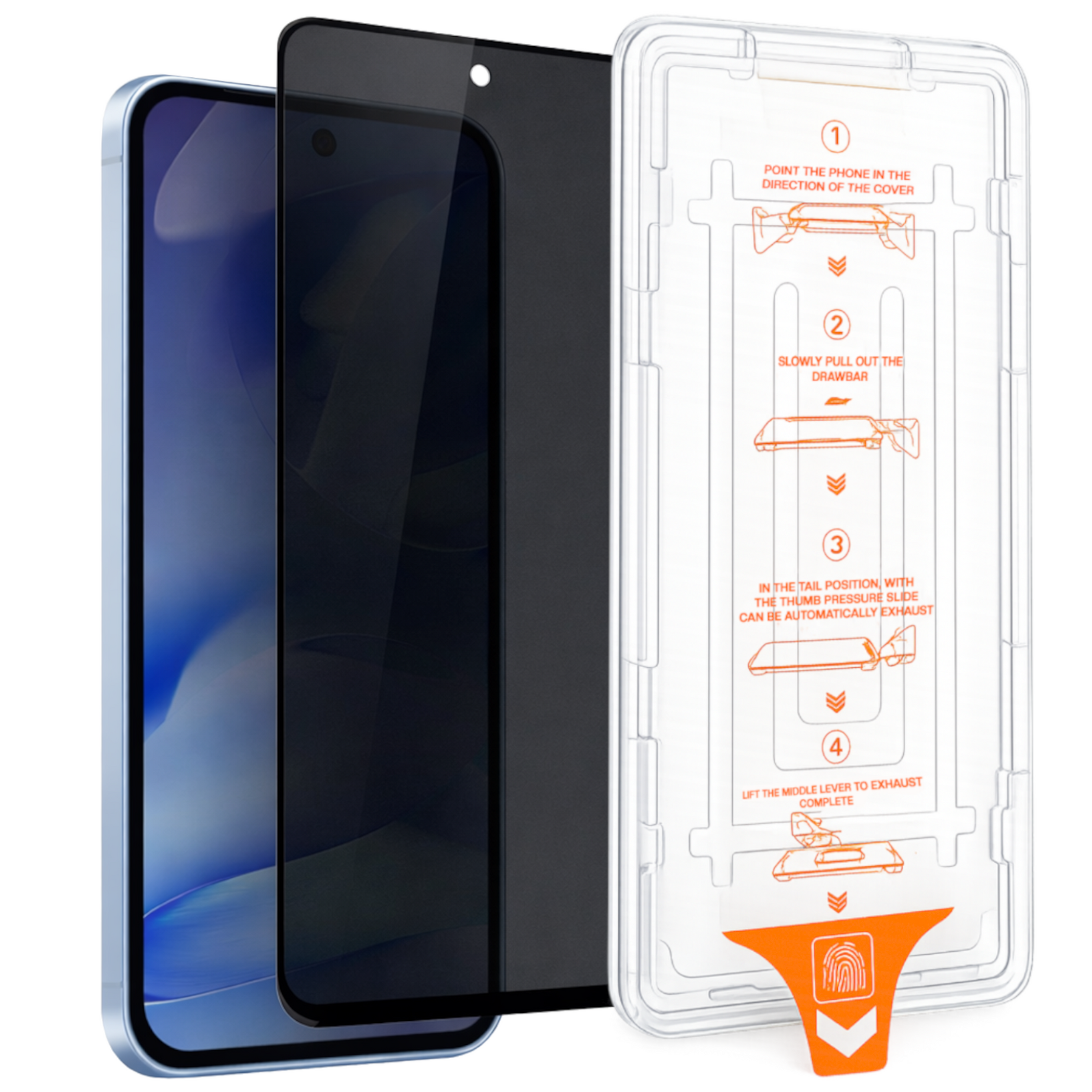 Ein Smartphone mit Displayschutzfolie und einer Anleitung in einer transparenten Hülle.