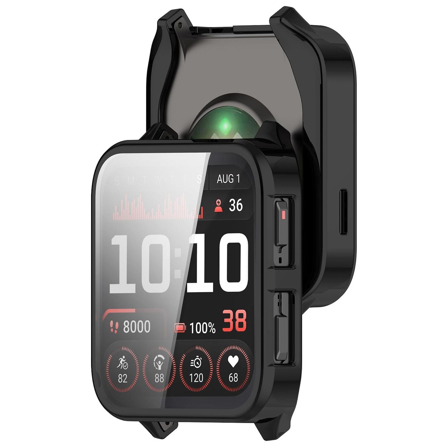 Custodia nera per smartwatch con touchscreen che mostra ora, data e statistiche fitness.