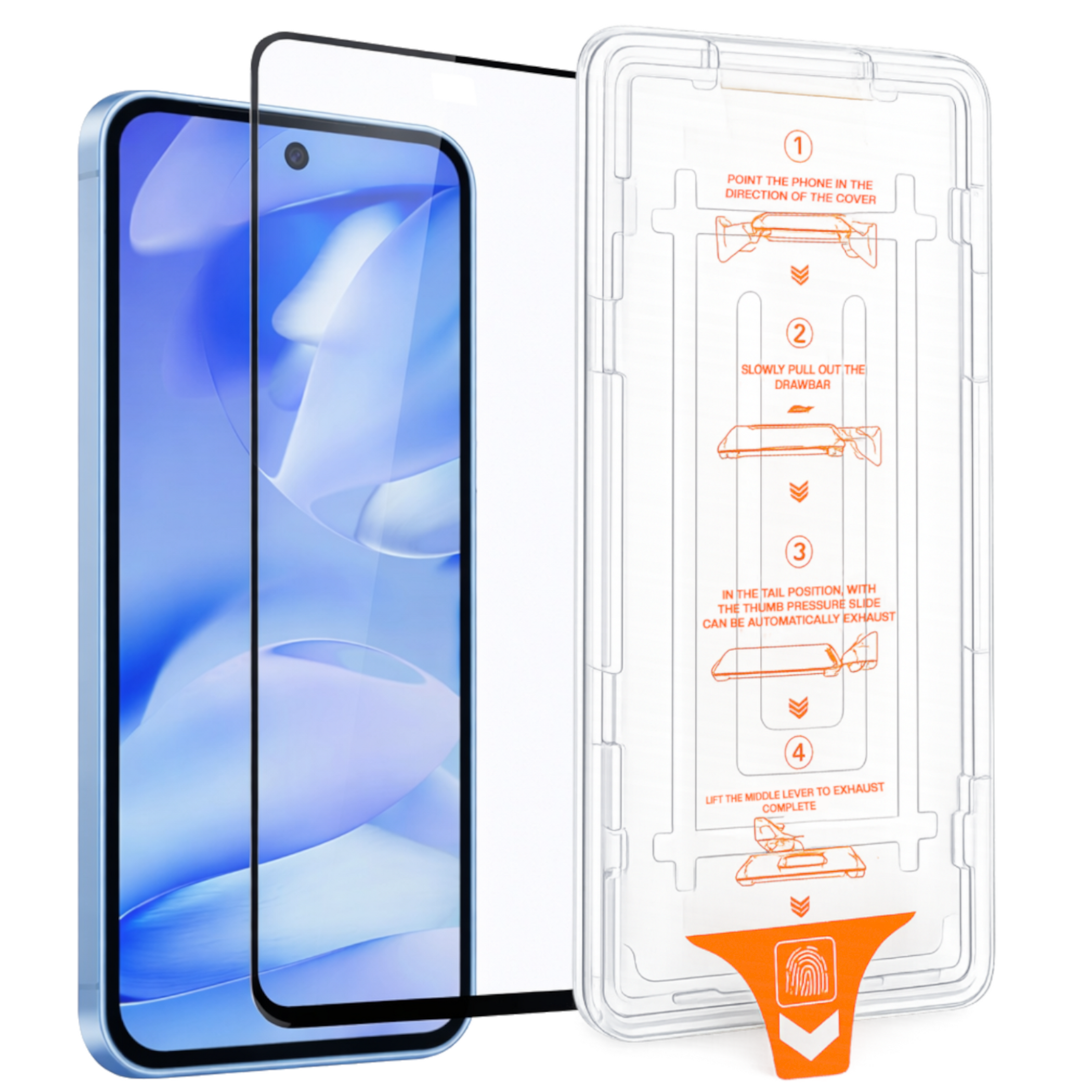 Ein hellblaues Smartphone mit Displayschutzfolie und Installationswerkzeug.