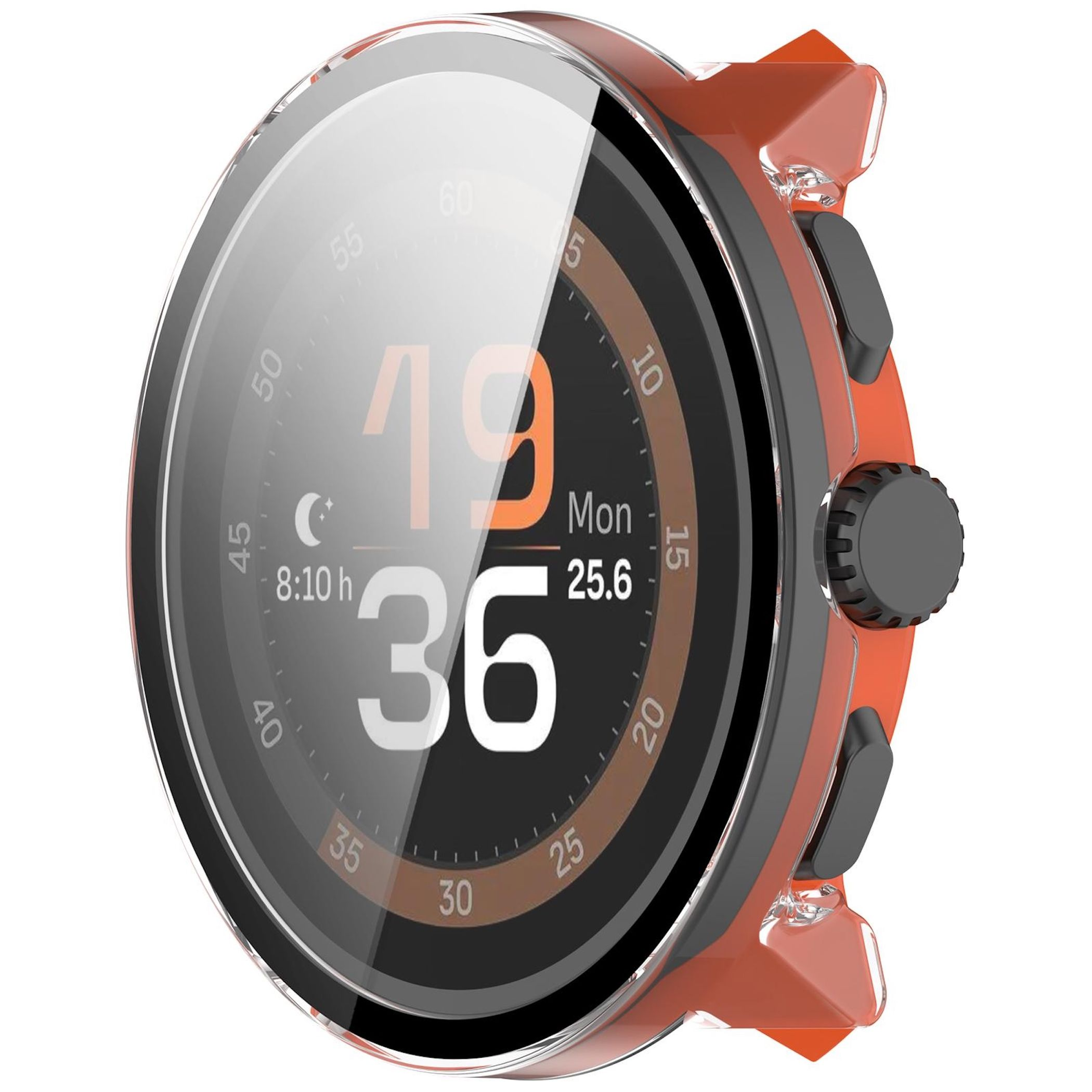 Uno smartwatch arancione con display digitale. Mostra le 8:10 e 25,6 gradi.