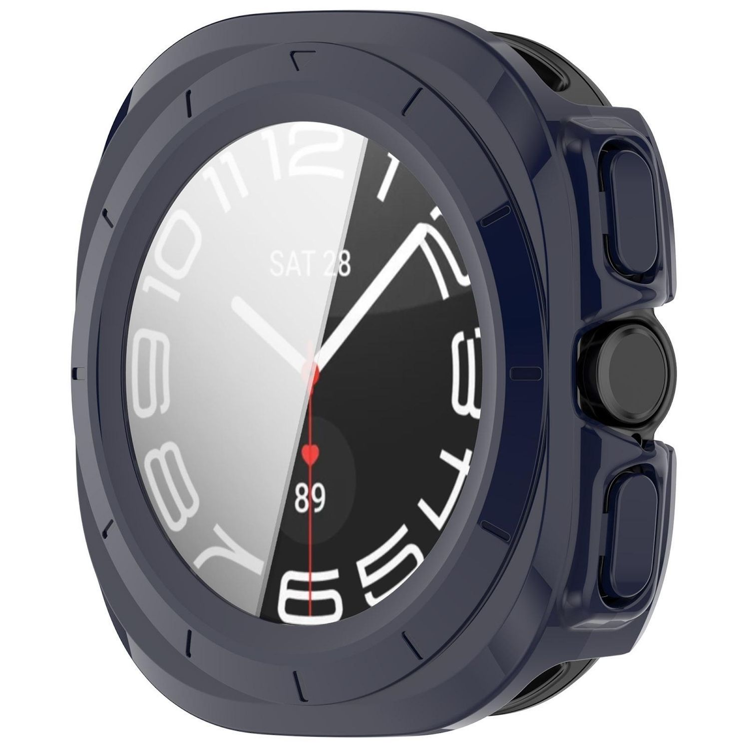 Uno smartwatch blu scuro con quadrante digitale che mostra data e battito cardiaco.