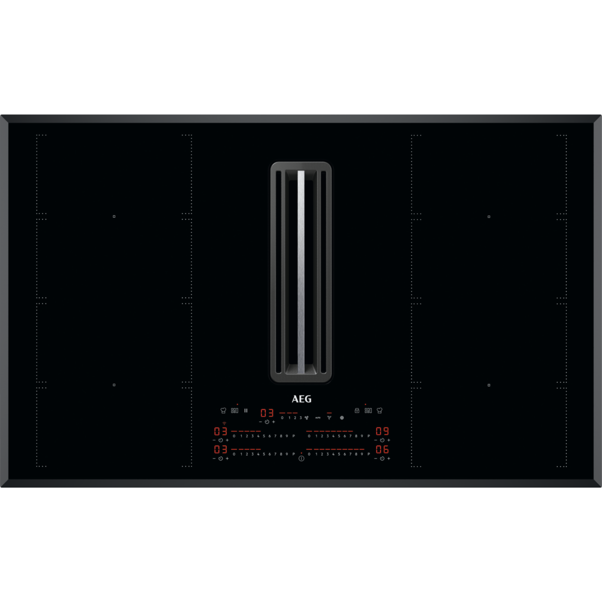 Piano cottura a induzione AEG nero con cappa integrata e display digitale.