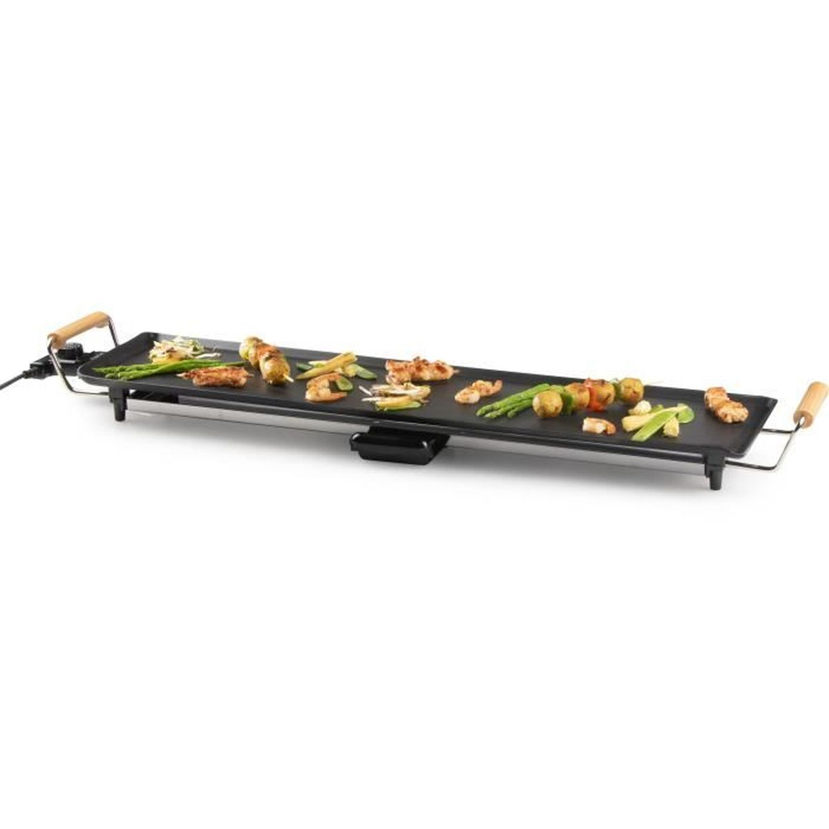 Eine elektrische Grillplatte mit verschiedenen Fleisch- und Gemüsespießen.