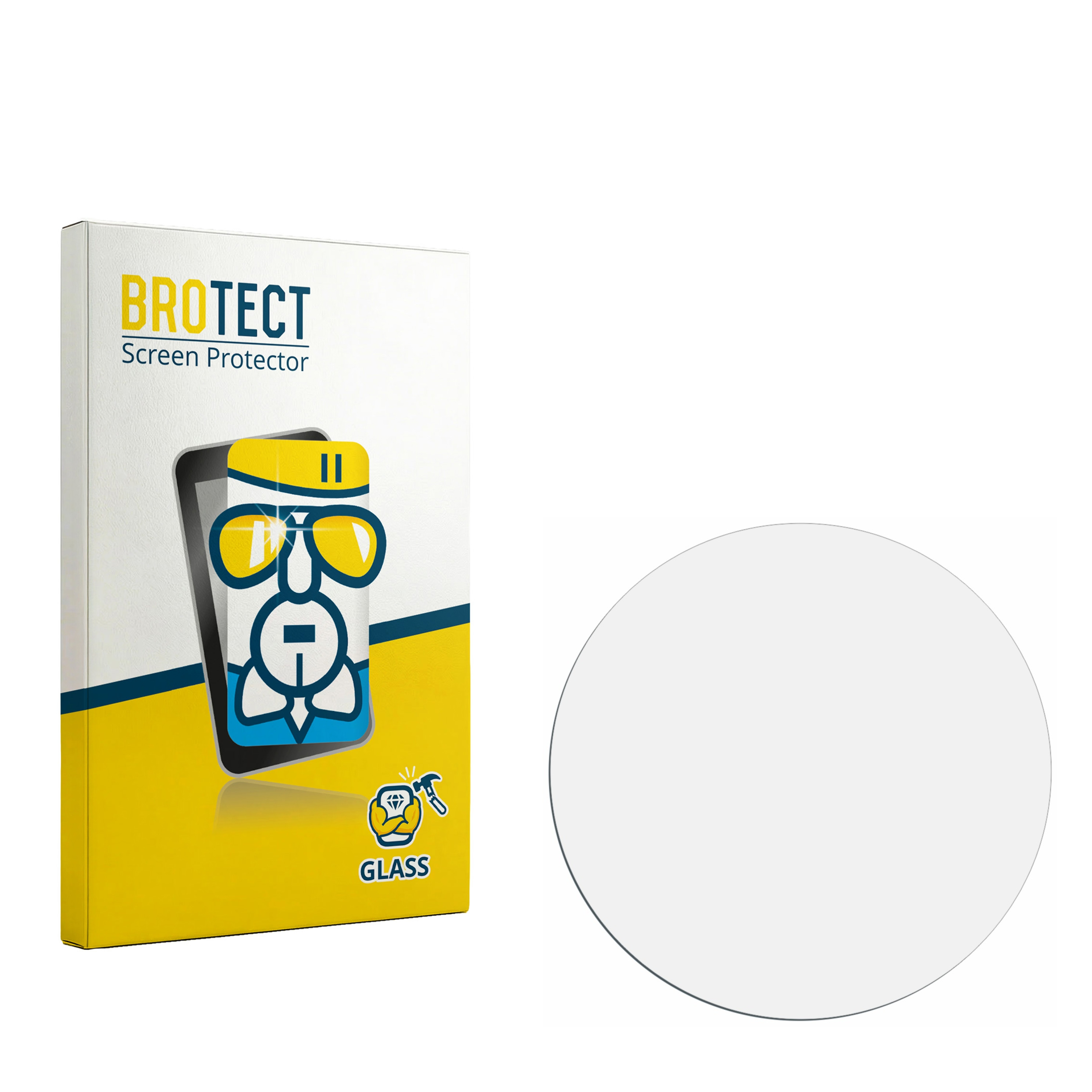 Verpackung für BROTECT Displayschutzglas und ein rundes Glasstück.