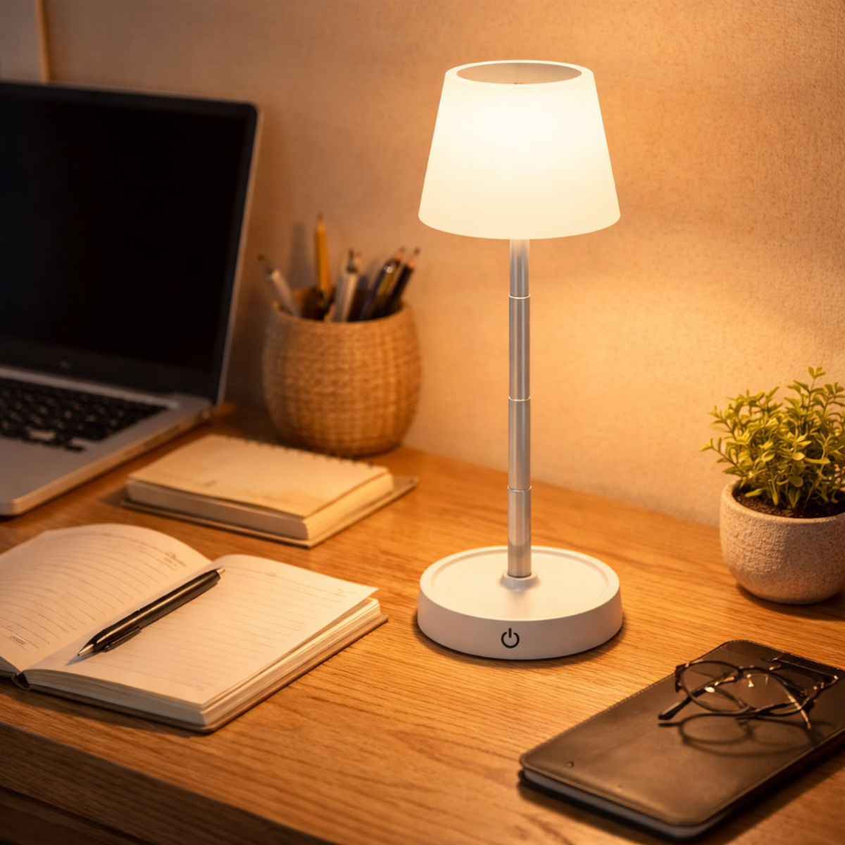 A lit white lamp sits on a wooden desk with a laptop, notebook, pens, and a plant.