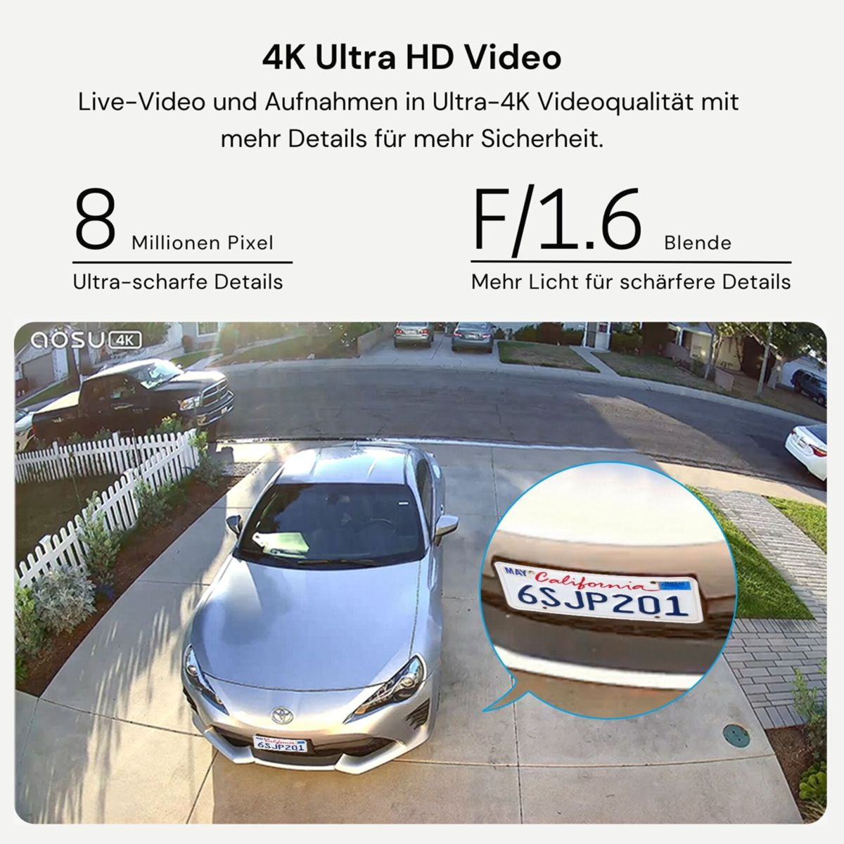 Silbernes Auto mit kalifornischem Kennzeichen vor Haus. 4K HD.