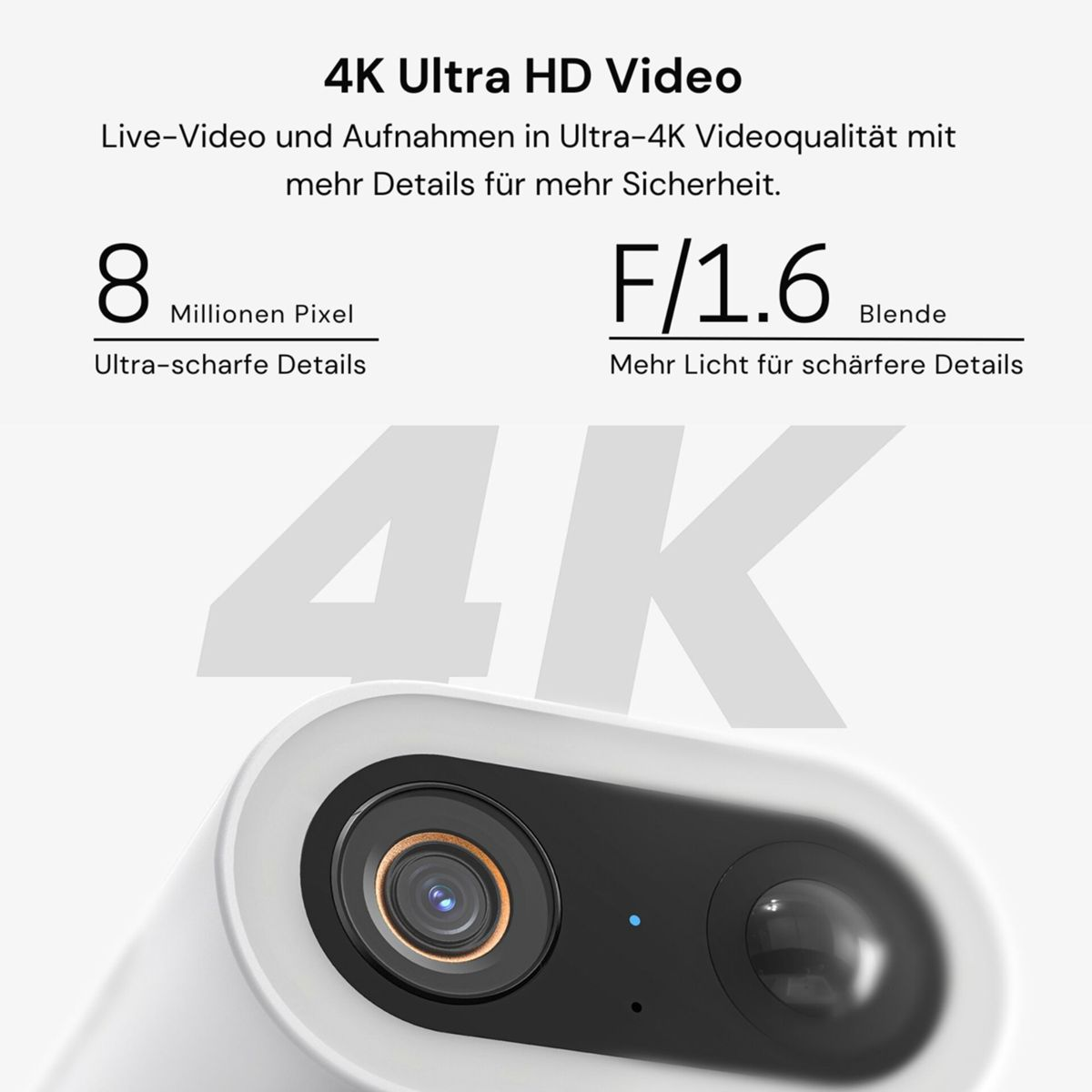 4K Ultra HD Video mit 8 MP und F/1.6 Blende. Nahaufnahme einer Kamera.