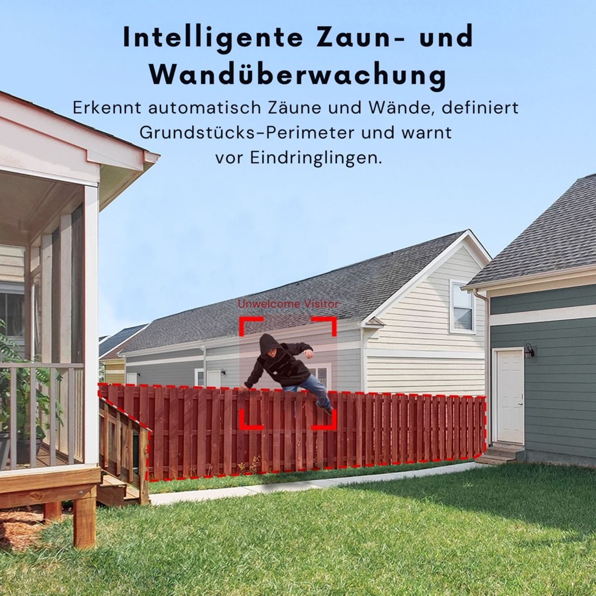 Einbrecher überklettert einen Holzzaun, markiert durch rote Linien.