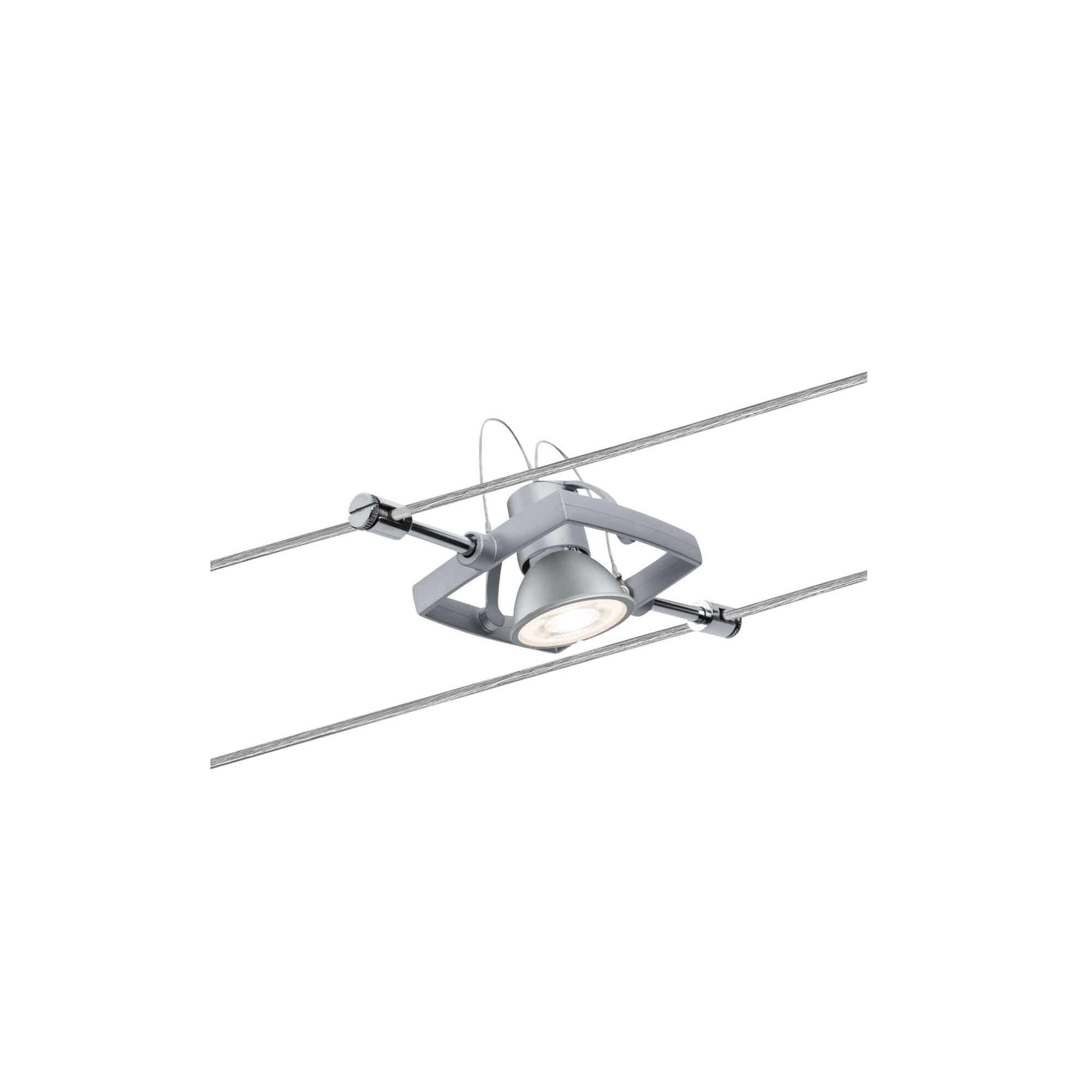 Szary reflektor na dwóch kablach, świecący w dół.