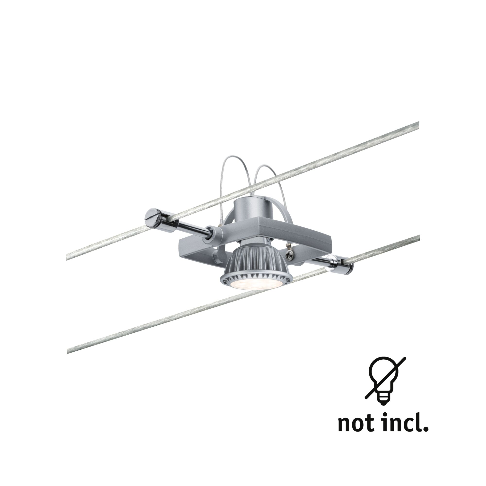 Srebrny reflektor na kablach, żarówka nie dołączona.