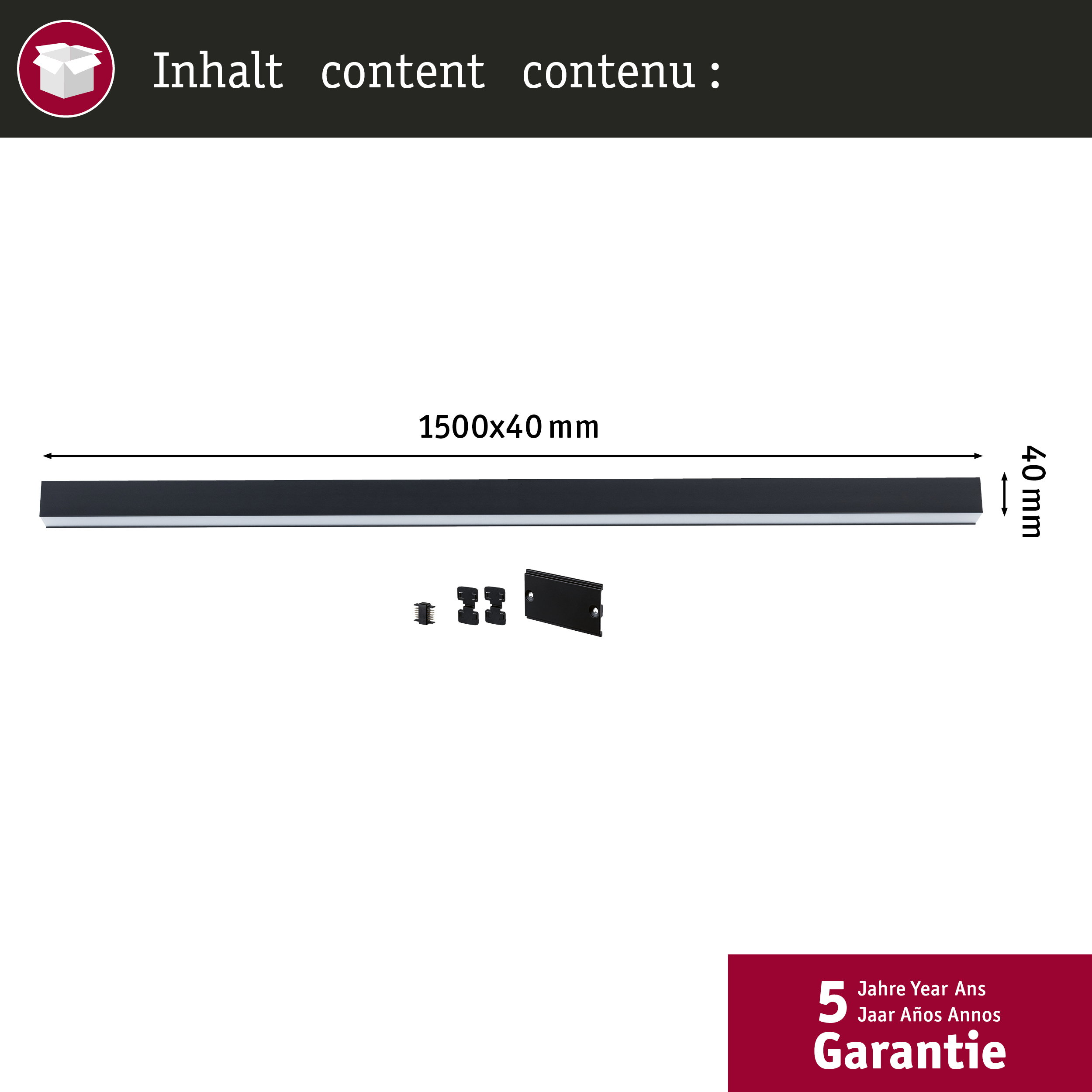 Czarny metalowy pasek 1500x40mm z akcesoriami montażowymi i 5-letnią gwarancją.