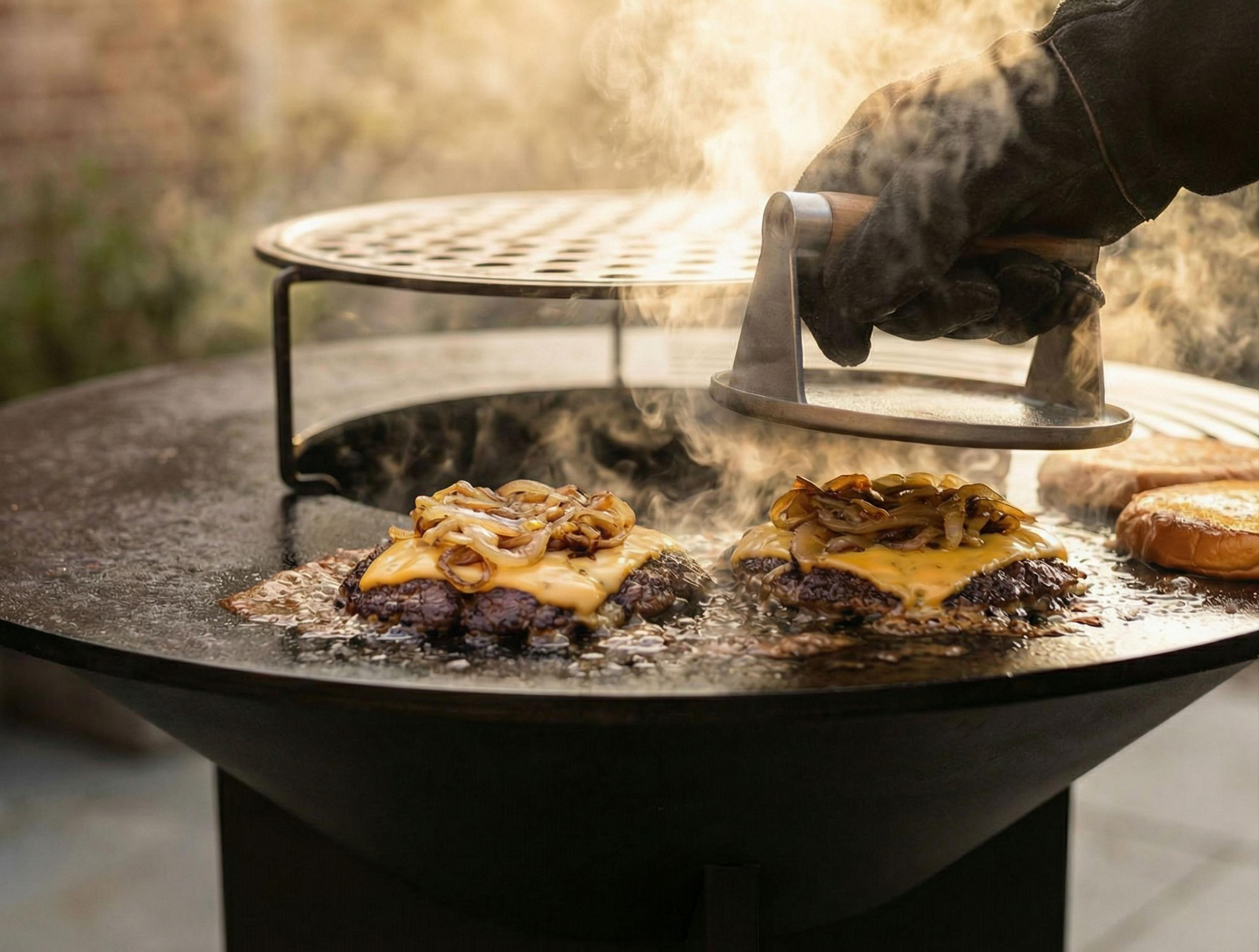 Dos hamburguesas con queso y cebolla a la parrilla, con vapor saliendo.