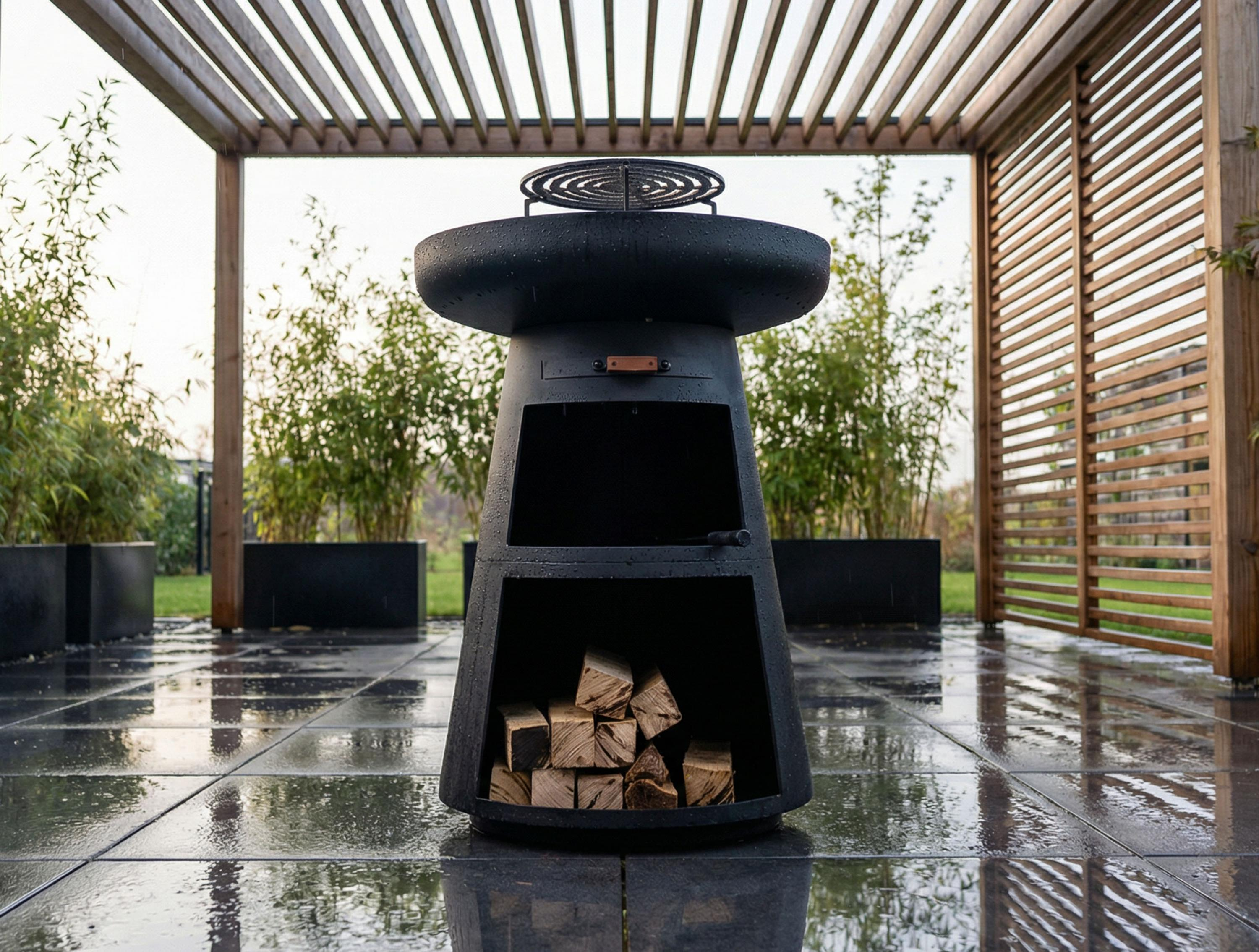 Ein schwarzer Grill mit Holzscheiten darunter unter einer Holzpergola.