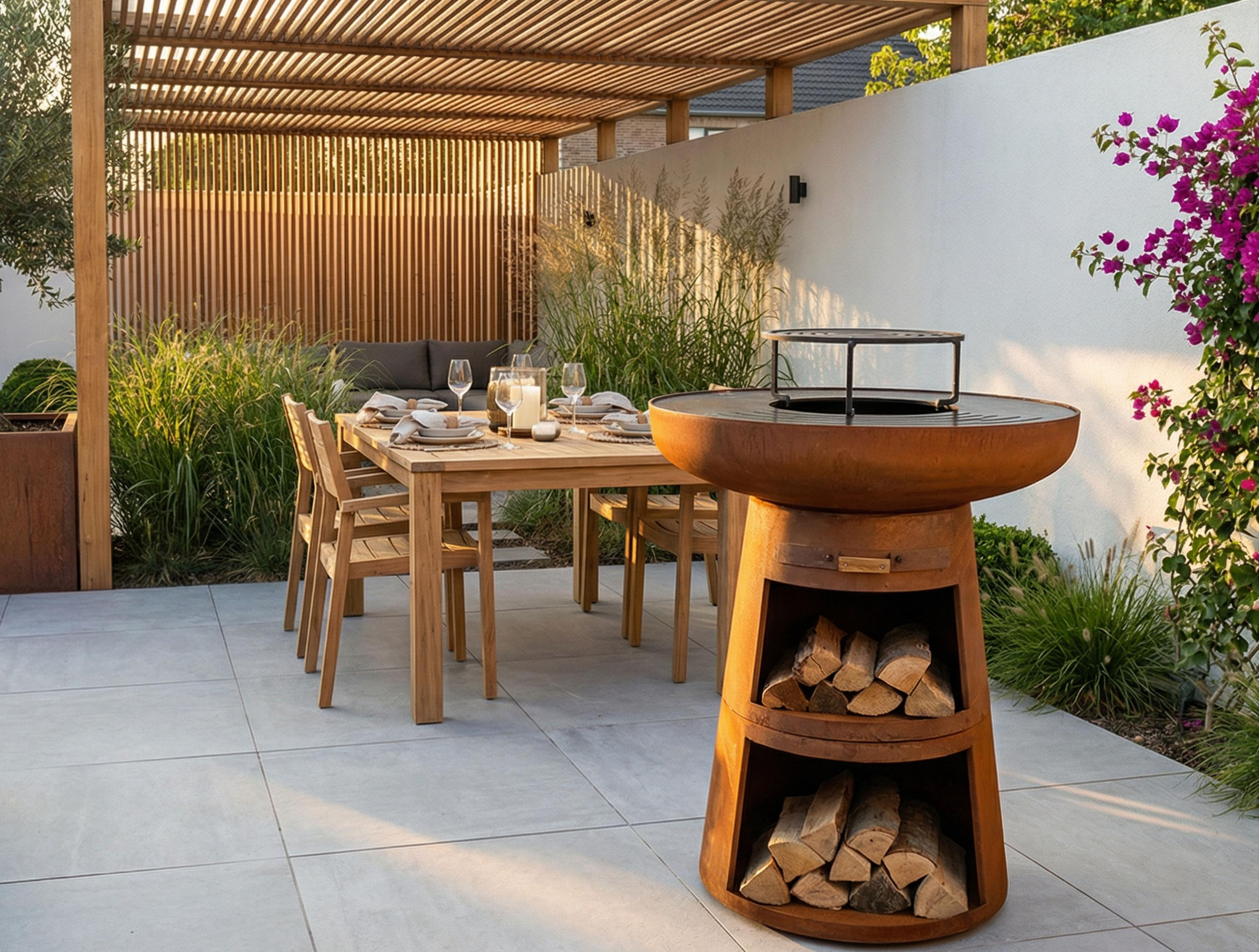 Ein moderner Garten mit Holztisch, Stühlen, Grill und Pergola.
