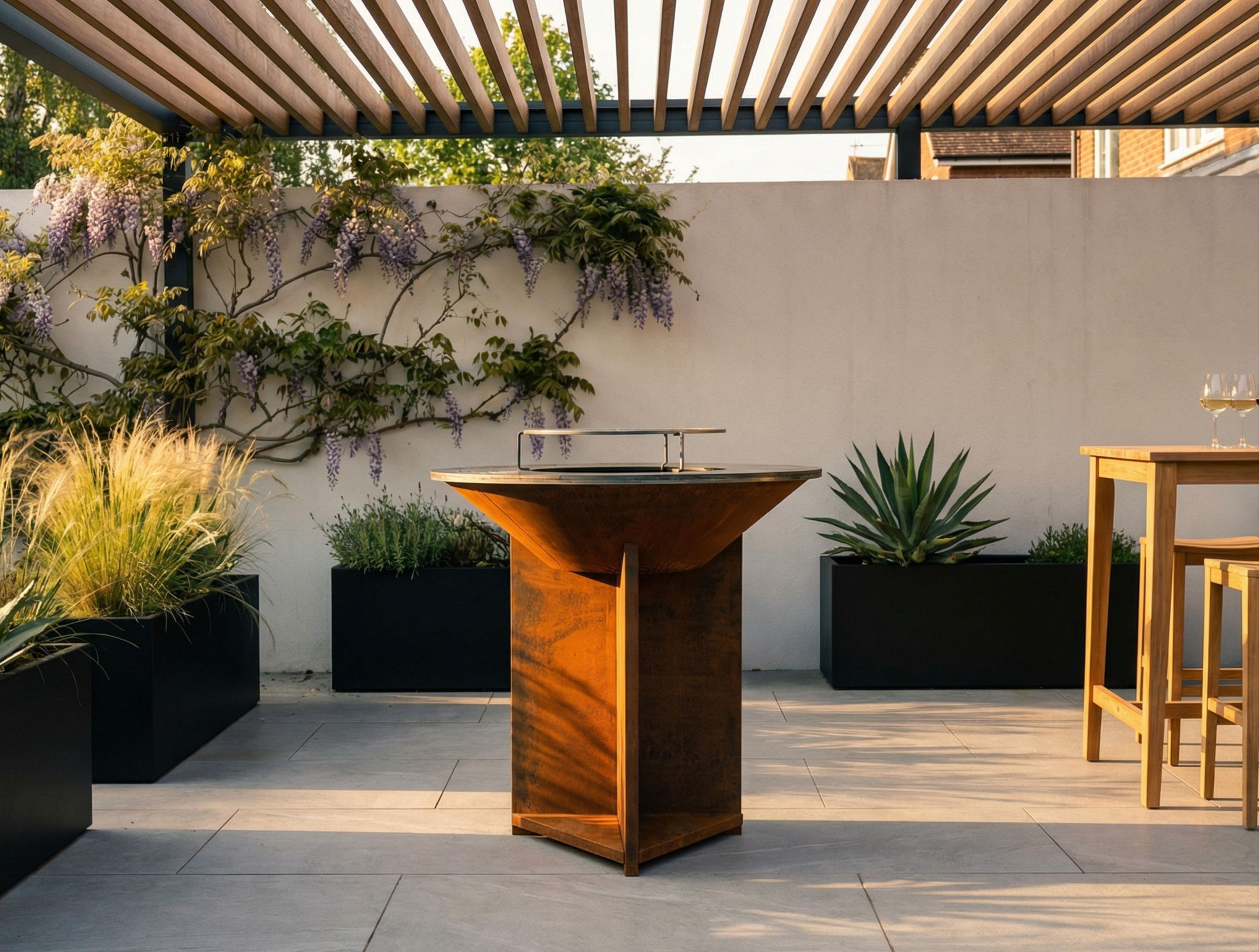 Giardino moderno con pergola, grill, piante e zona salotto.
