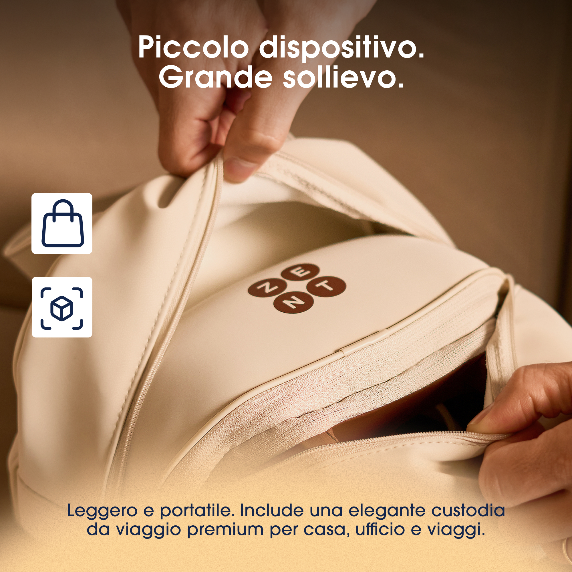 Un astuccio beige chiaro con zip contiene un dispositivo con lettere ZEN T.