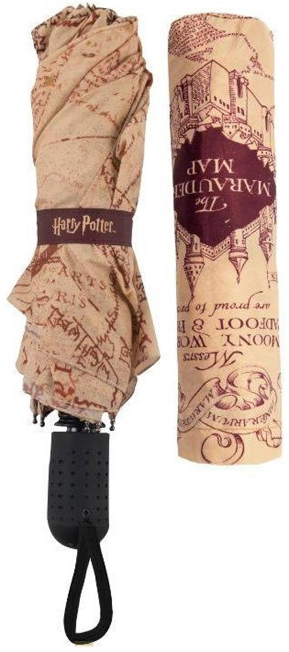 Ein geschlossener Harry Potter Marauder's Map Regenschirm mit schwarzem Griff.