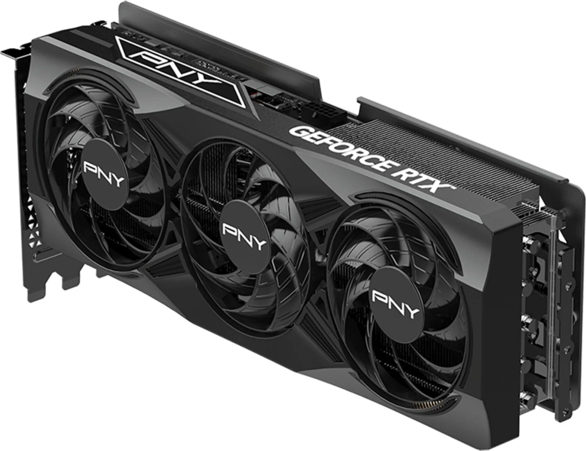 Scheda grafica nera con tre ventole e scritta "GeForce RTX".