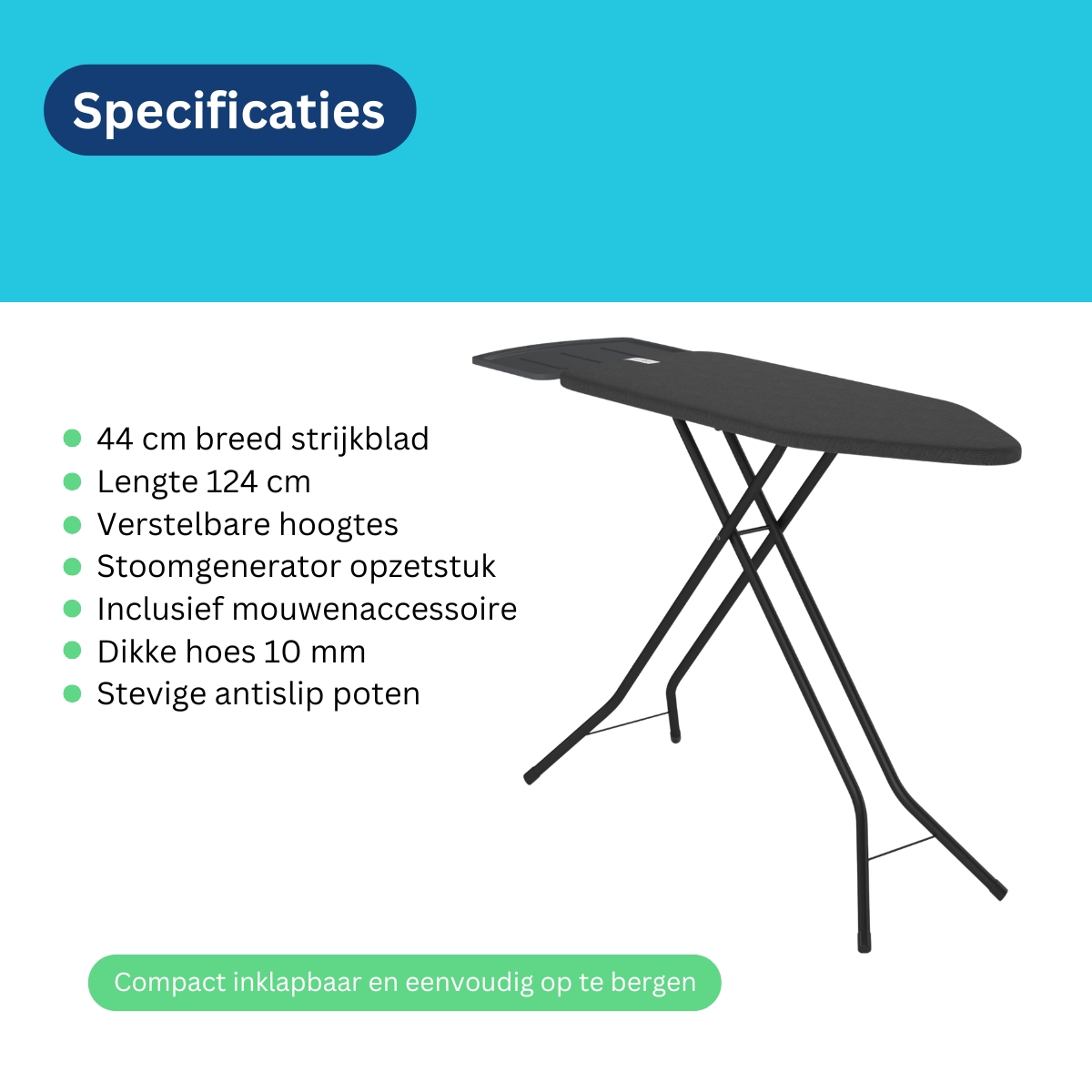 A black ironing board with metal legs, with specifications listed.